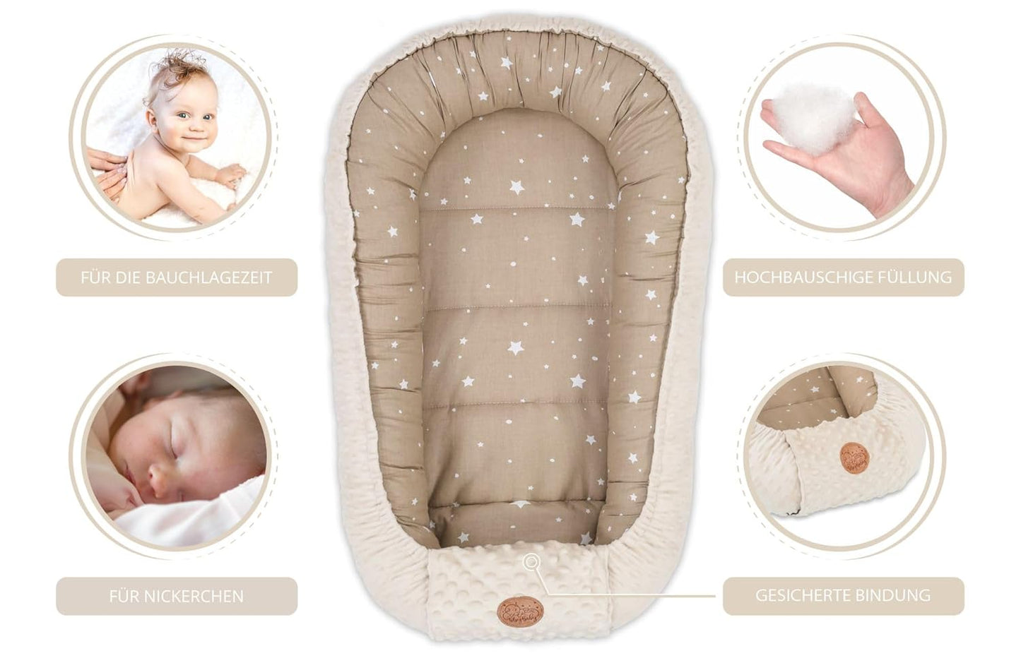 Babynestchen, 90x50 cm (1er Pack) Beige mit Weiß Sternen