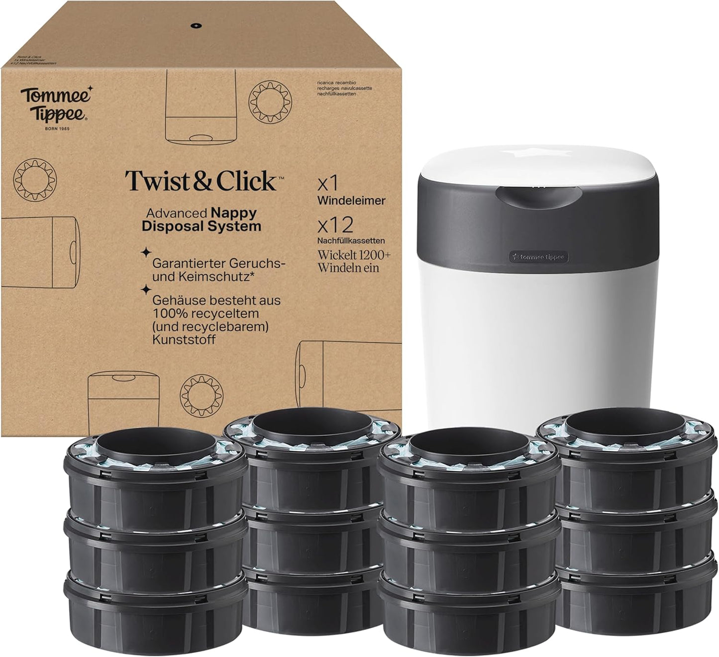 Windeleimer Twist and Click mit 12 Nachfüllkassetten, 12 Kassetten