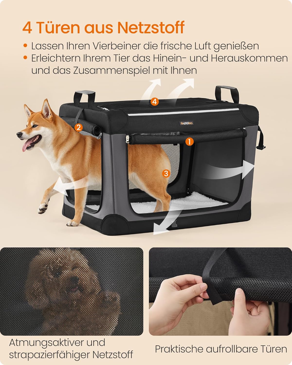 Faltbare Hundetransportbox mit 4 Türen und Taschen, PDC017B01, L 76 x B 53 x H 53 cm