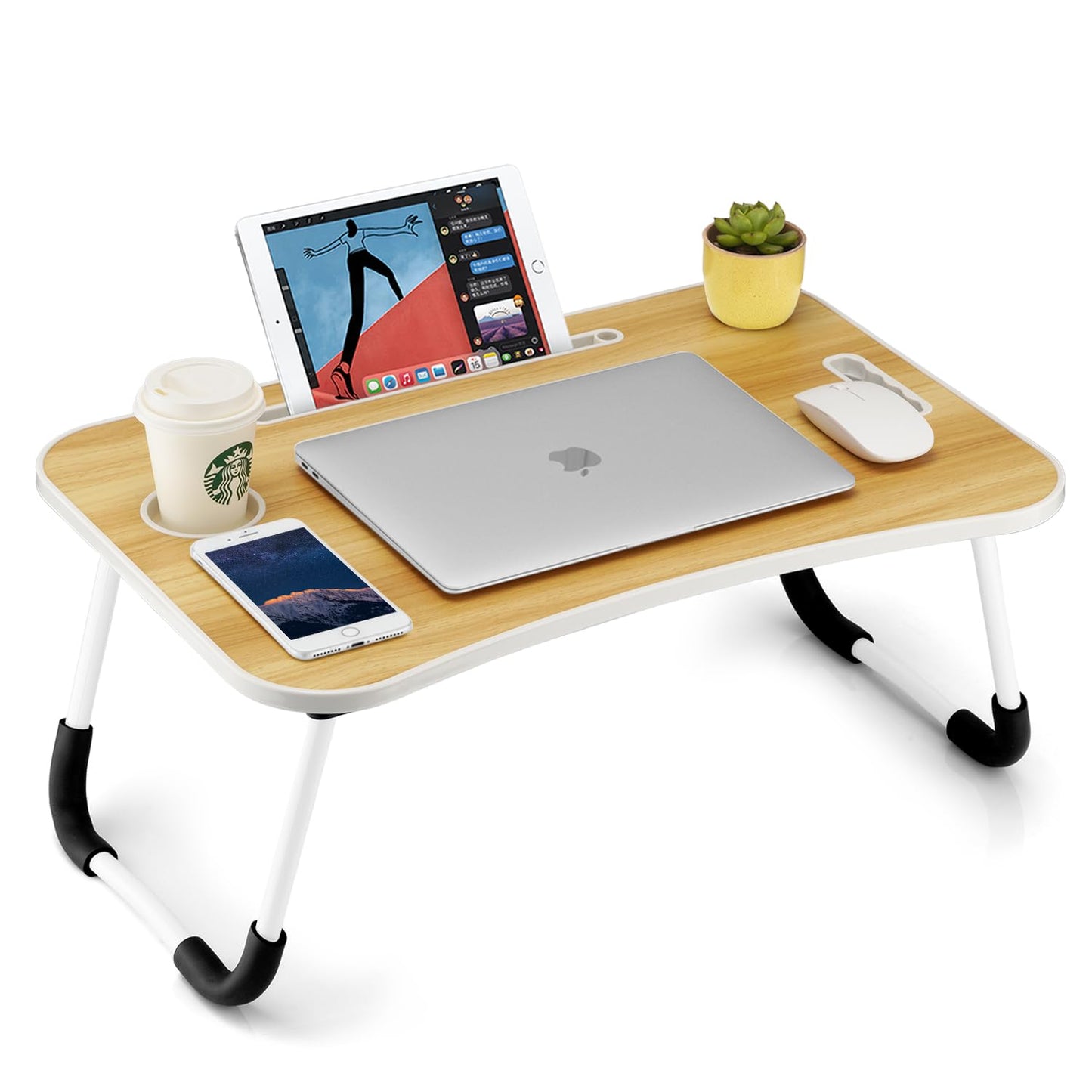 Faltbarer Laptoptisch mit Getränkehalter & Tablet-Steckplatz, Holz