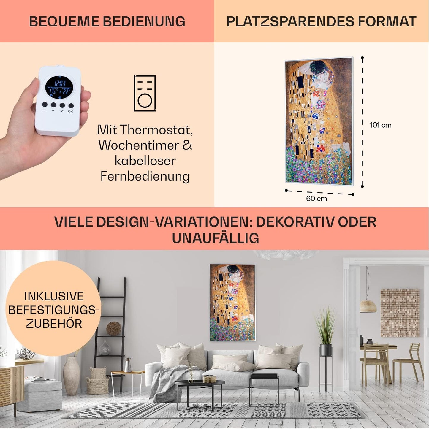 Infrarot-Elektroheizung Kuss mit Thermostat, 60 x 101 cm - 600 W Kuss