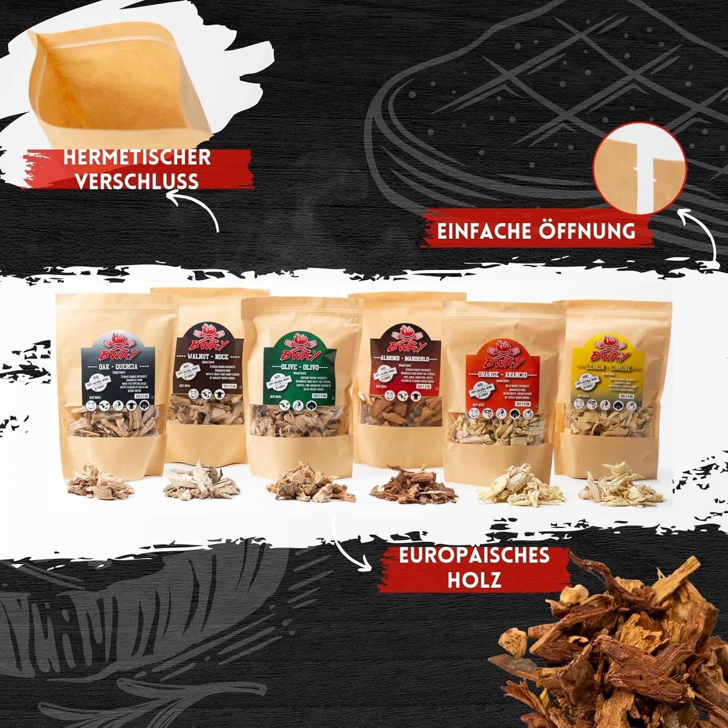 6-teiliges Räucherchips-Set: Olive, Orange, Mandel, Zitronen, Walnuss und Eiche, 6 x 1 L