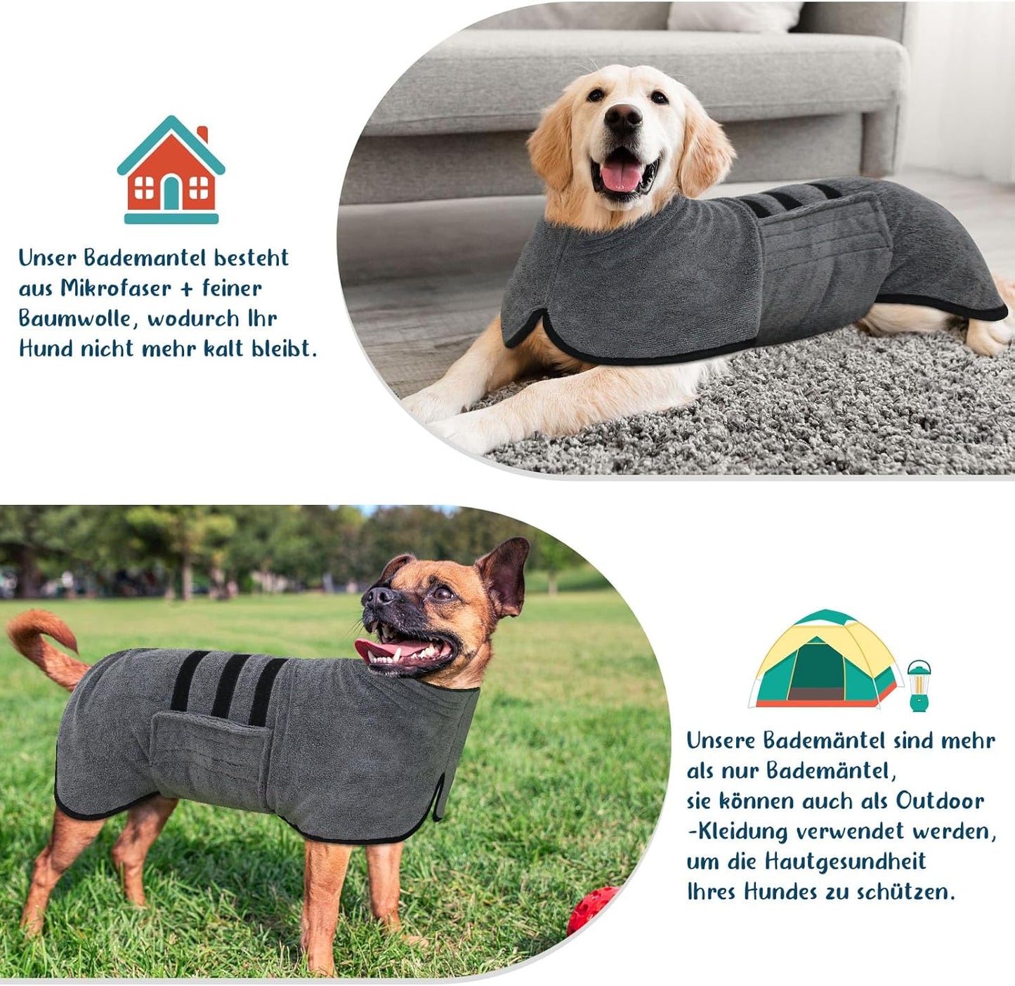 Hundebademantel mit Klettverschluss, Grau-L