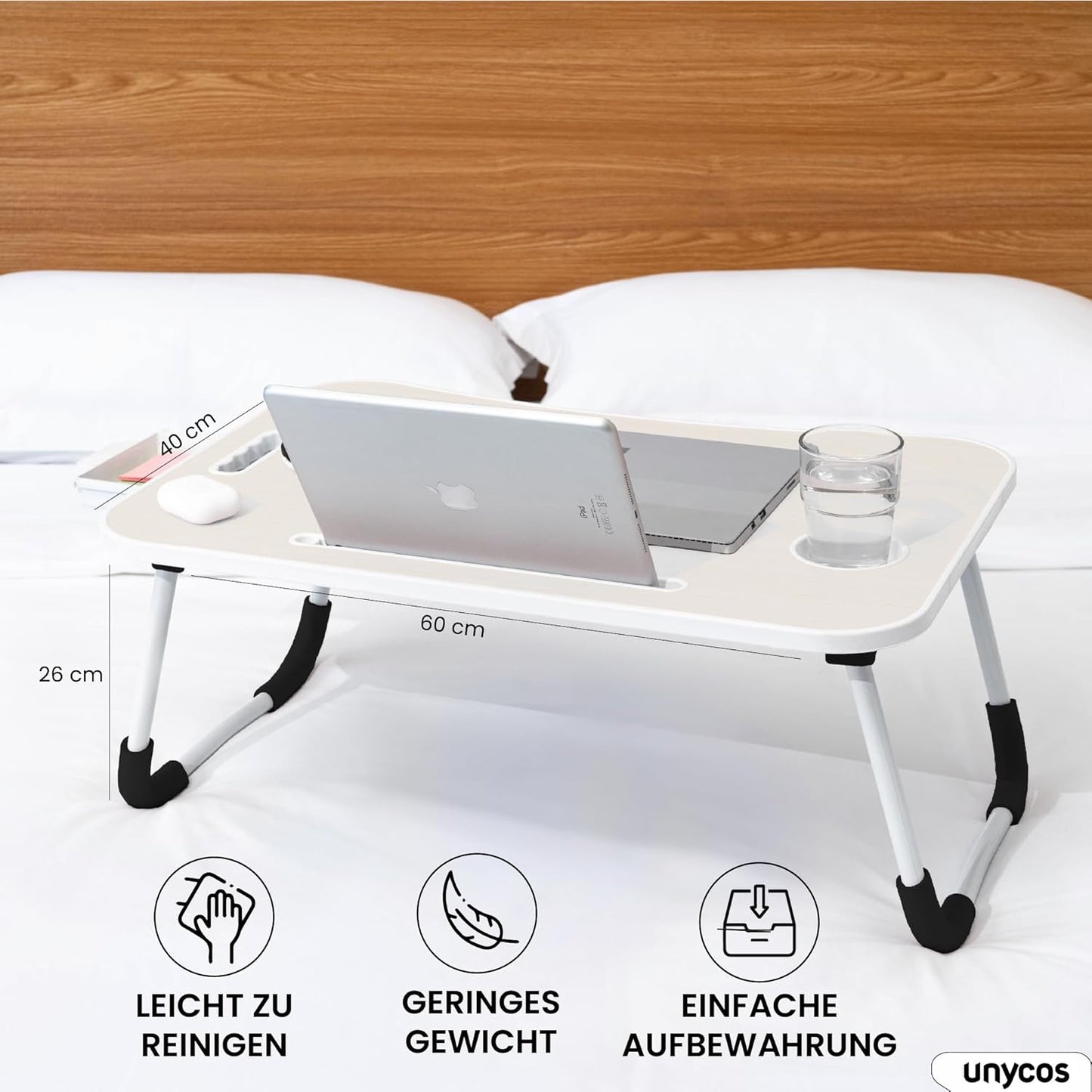 Klappbares Lapdesk mit Getränkehalter und Schublade, Mit schublade Knochenweiß mit Schublade