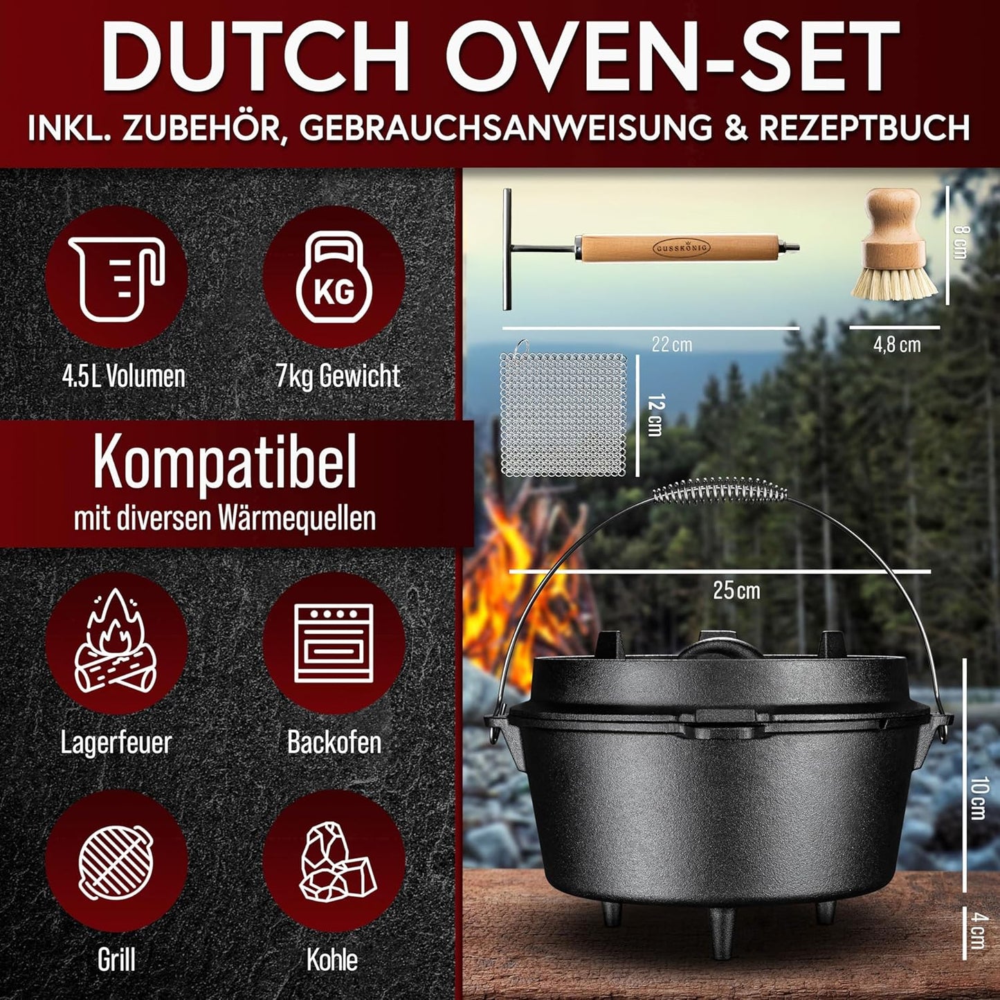 Dutch Oven Set mit Zubehör, Schwarz mit Füsse + Ringreiniger 4,5 Liter