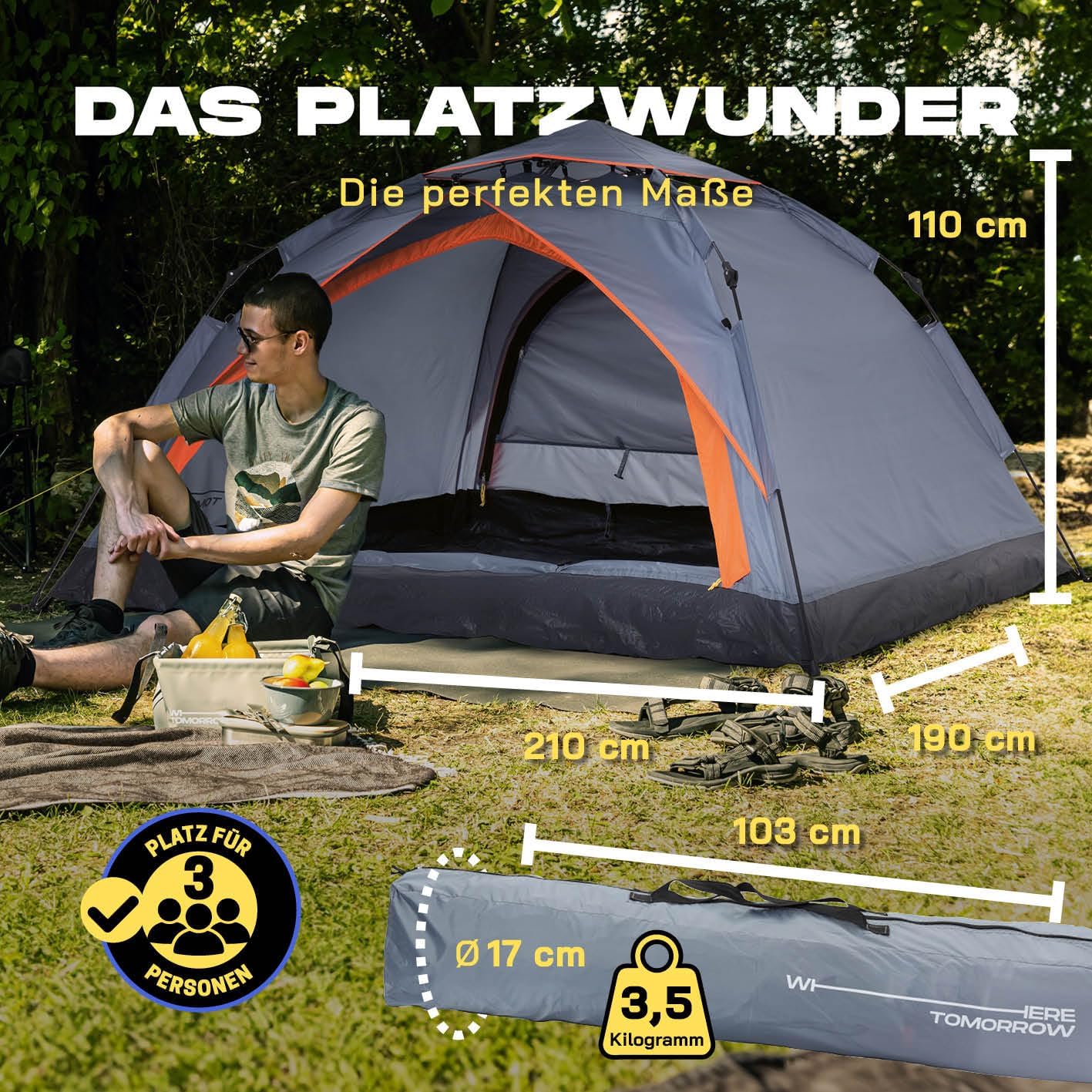 Pop-up-Wurfzelt, Grau Orange 2-3 Personen | 2 Eingang