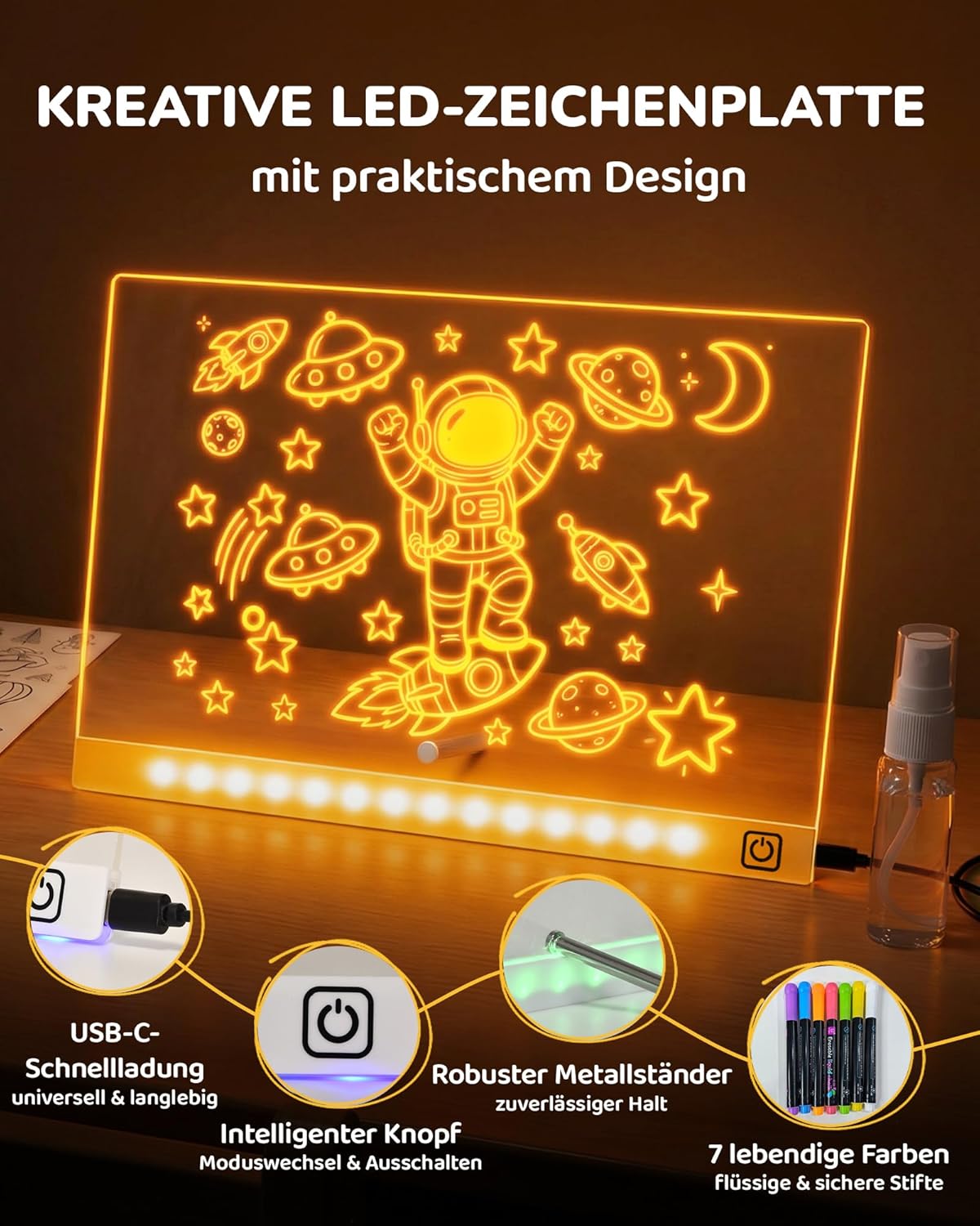 LED-Zeichentafel für Kinder mit 7 Stiften, Weiss 16 Zoll