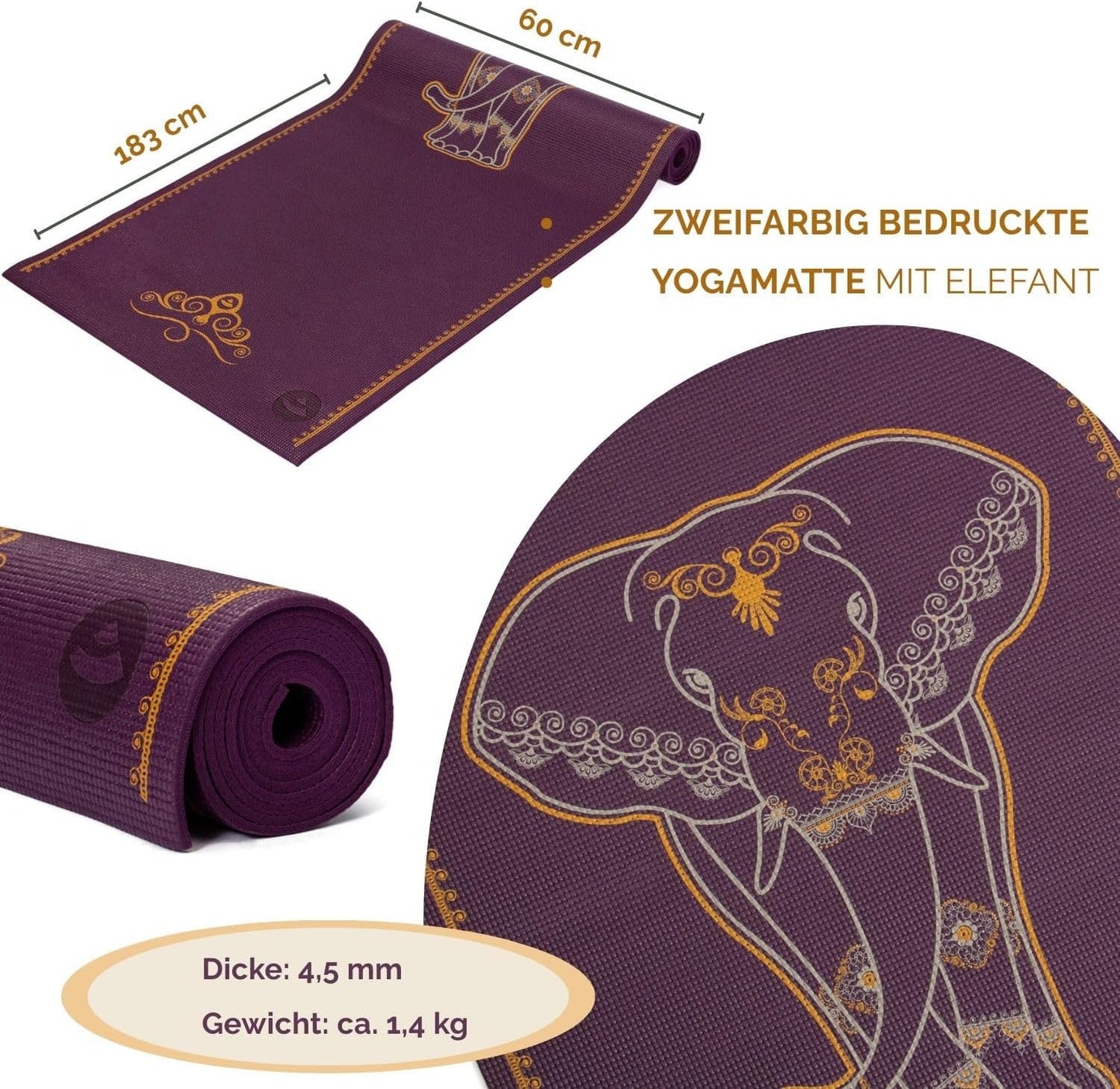 Rutschfeste Yogamatte Leela, Big Elephant, aubergine