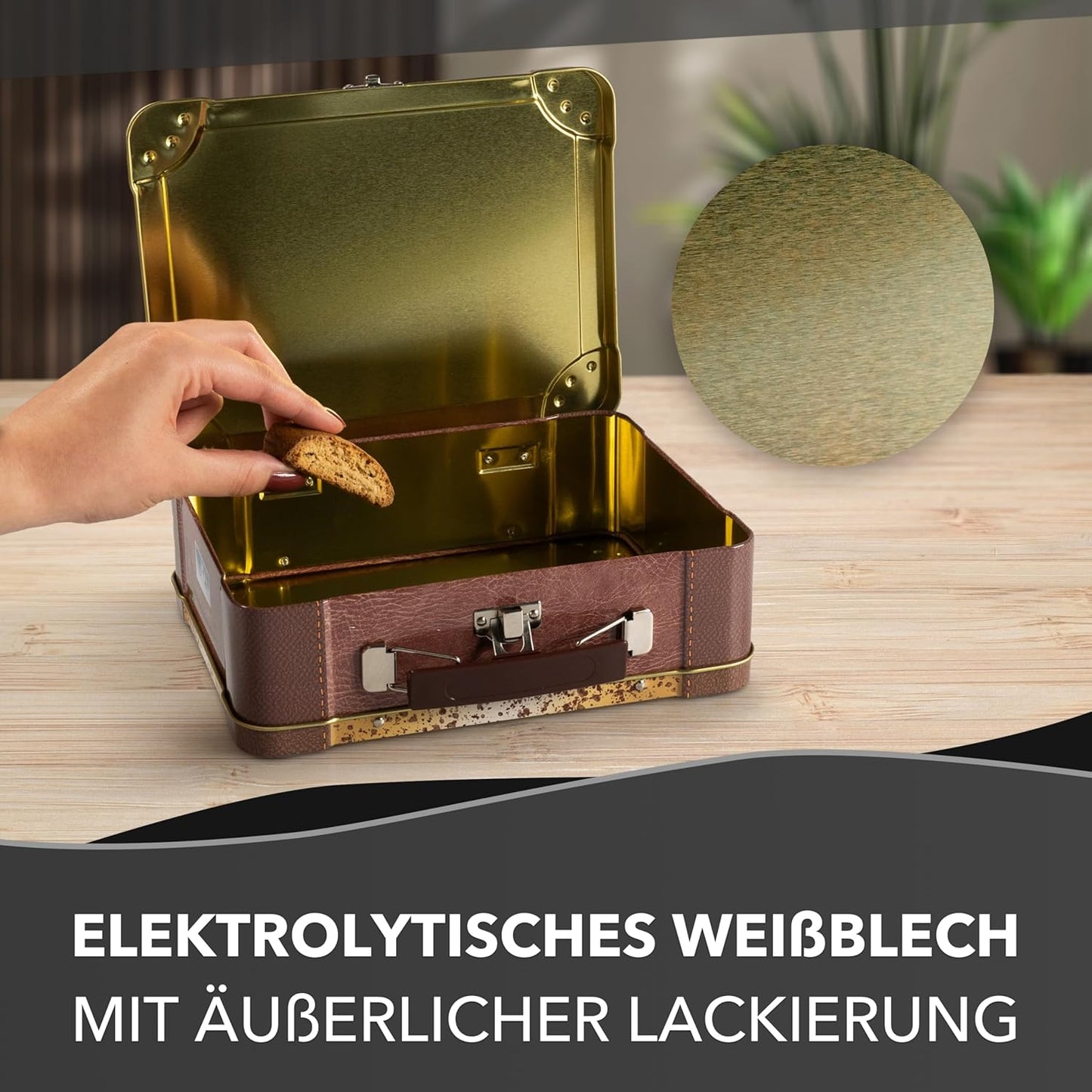 Keksdose mit bunten Stickern, Retro Koffer