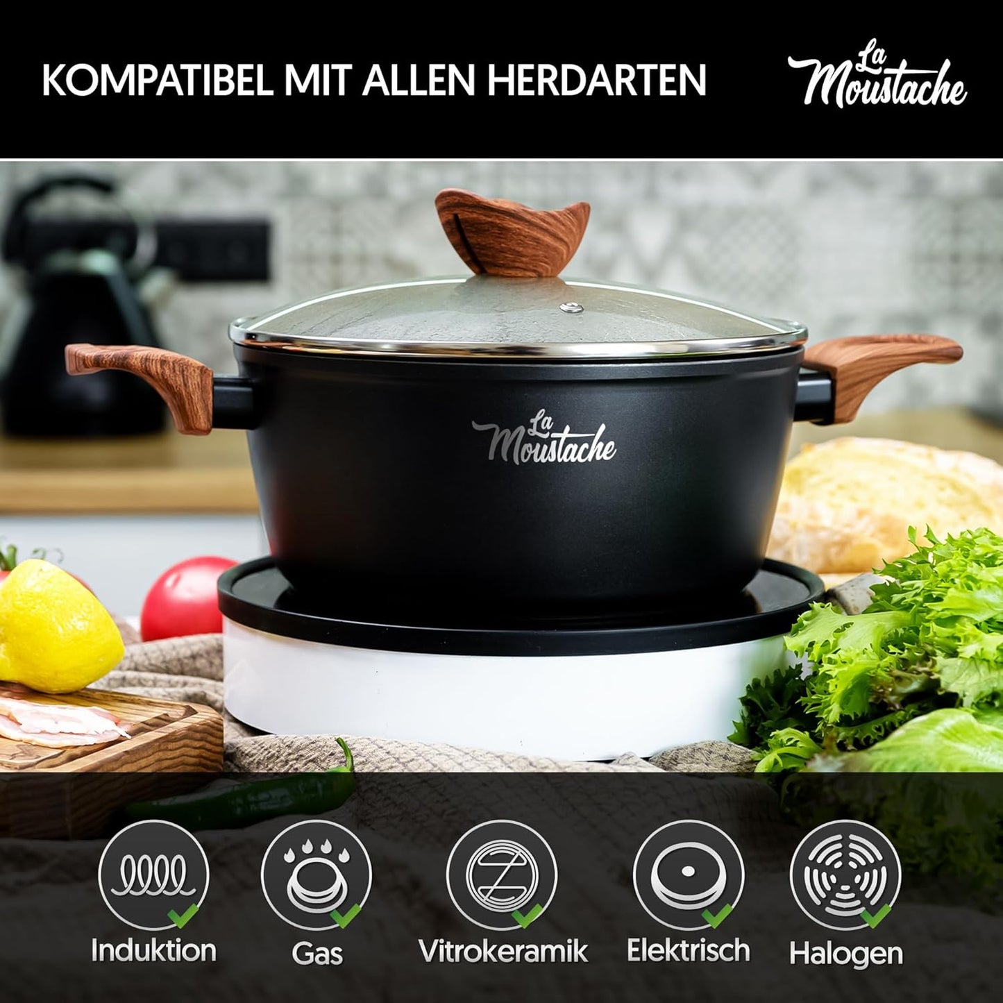Antihaft-Kochgeschirr-Set für Induktion (8-teilig), 8 Stück Schwarz
