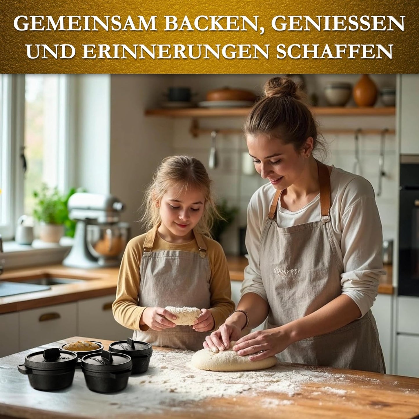 4-teiliges mini Brotbacktopf Set mit Rezeptbuch und Pflegepaste, Schwarz 4x 300 ml