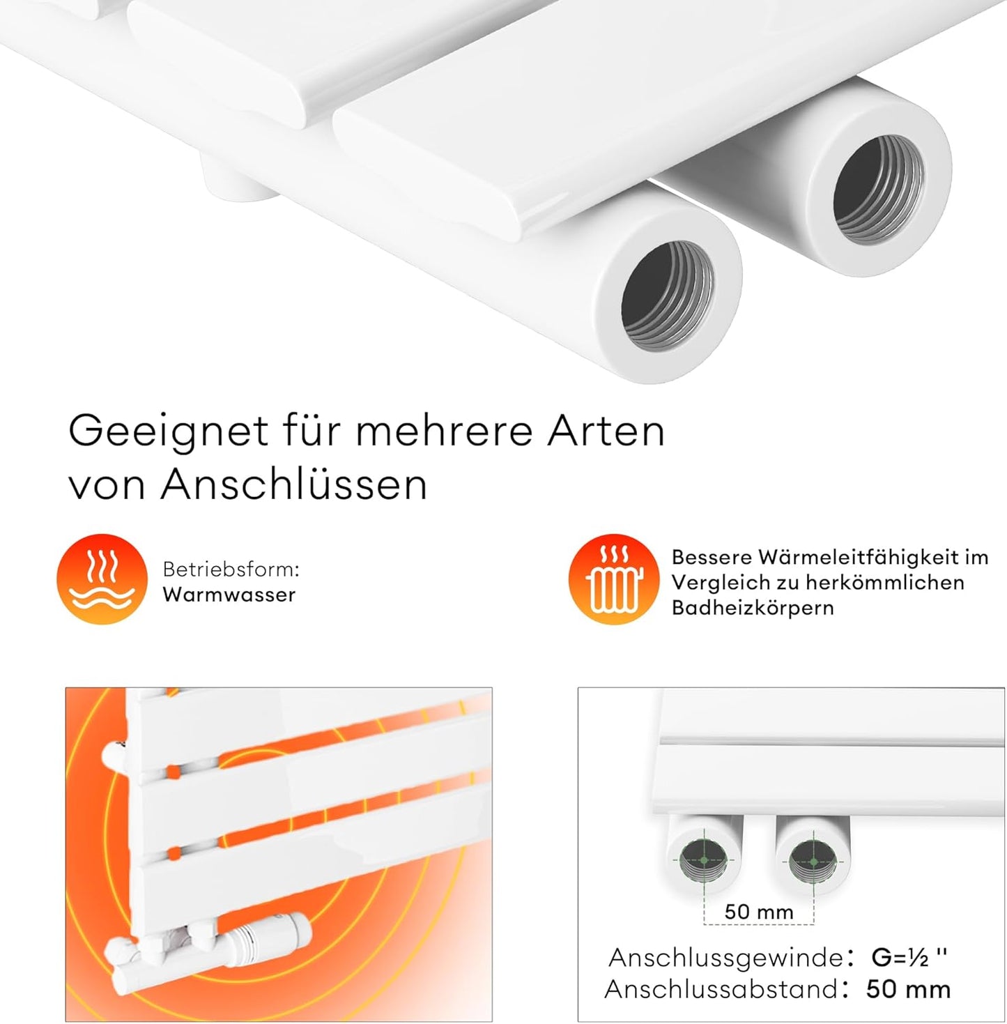 Handtuchheizkörper mit Seitenanschluss FN-159x60, 159x60cm Weiss