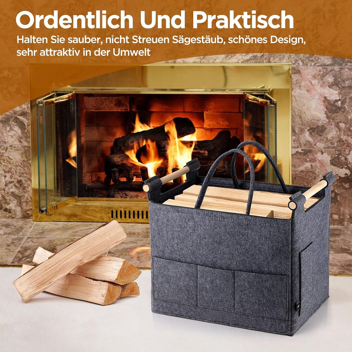 Faltbarer Filzkorb für Brennholz mit Griffen, (Grau)