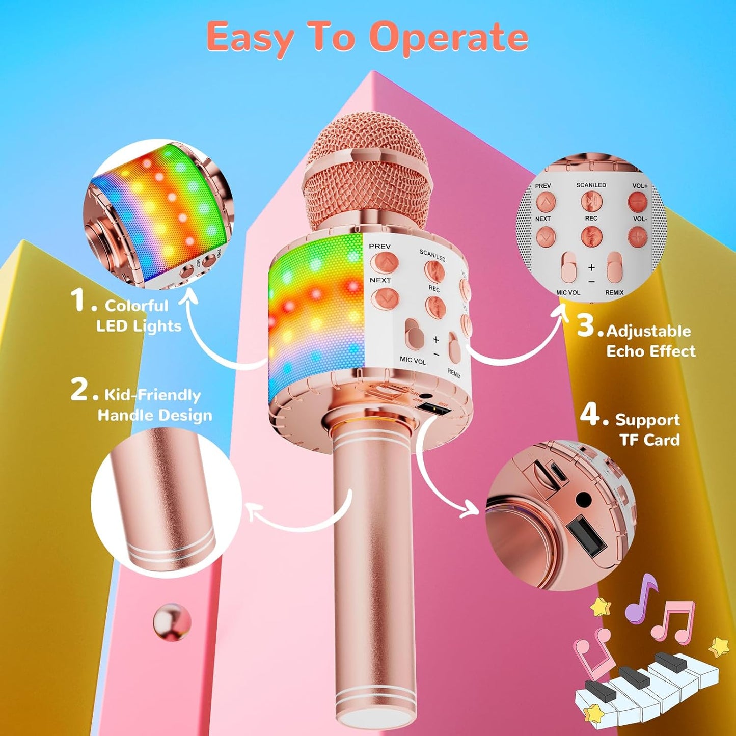 LED Karaoke Mikrofon Kinder mit Stimmenverzerrer, Roségold