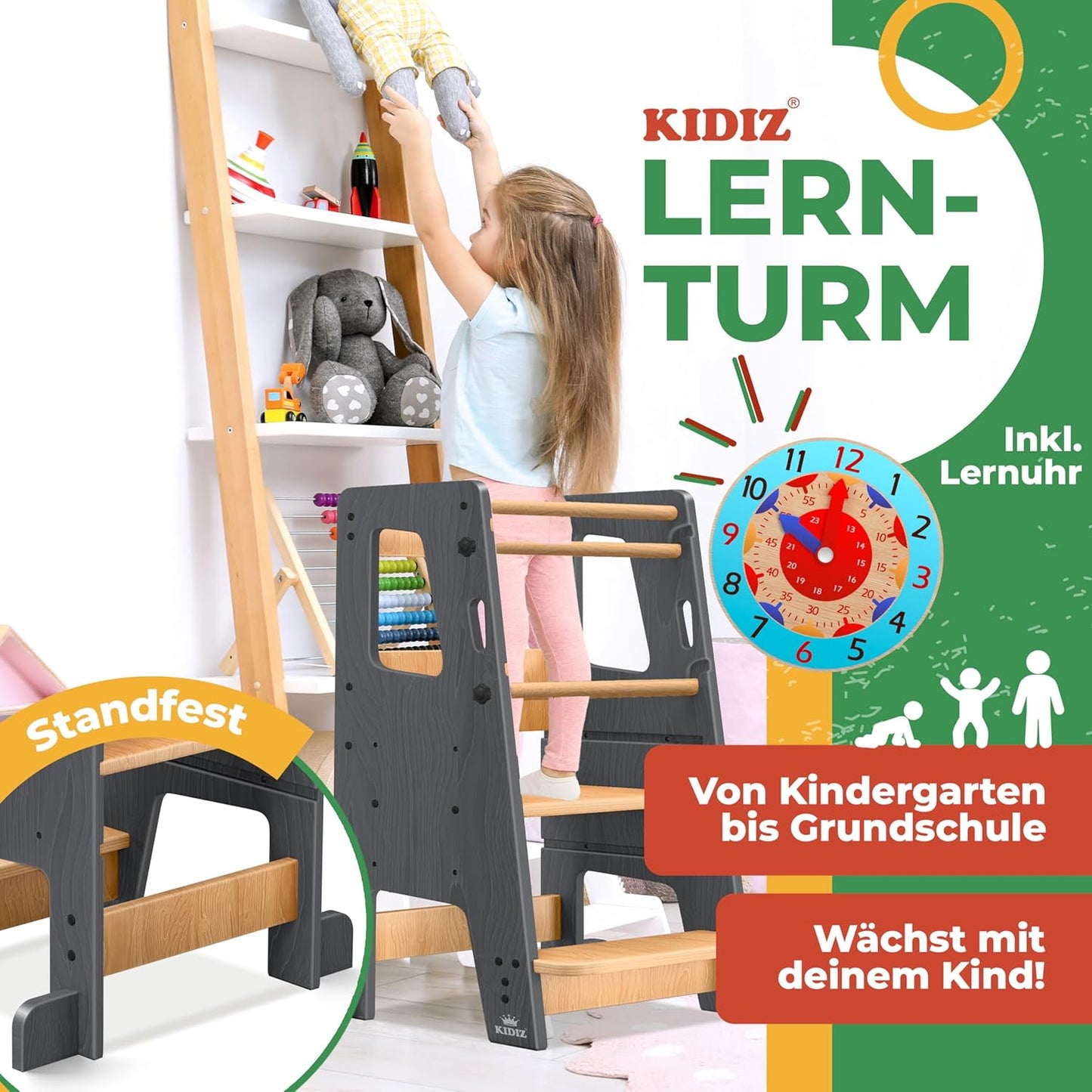 Lernturm für Kinder, Anthrazit & Kiefer