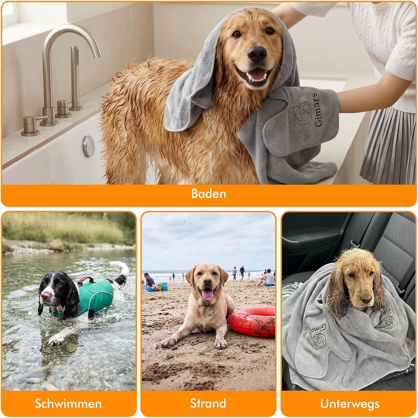 Hundehandtuch mit Taschen, 2 Stück, extra saugfähig, 90×50cm 2er
