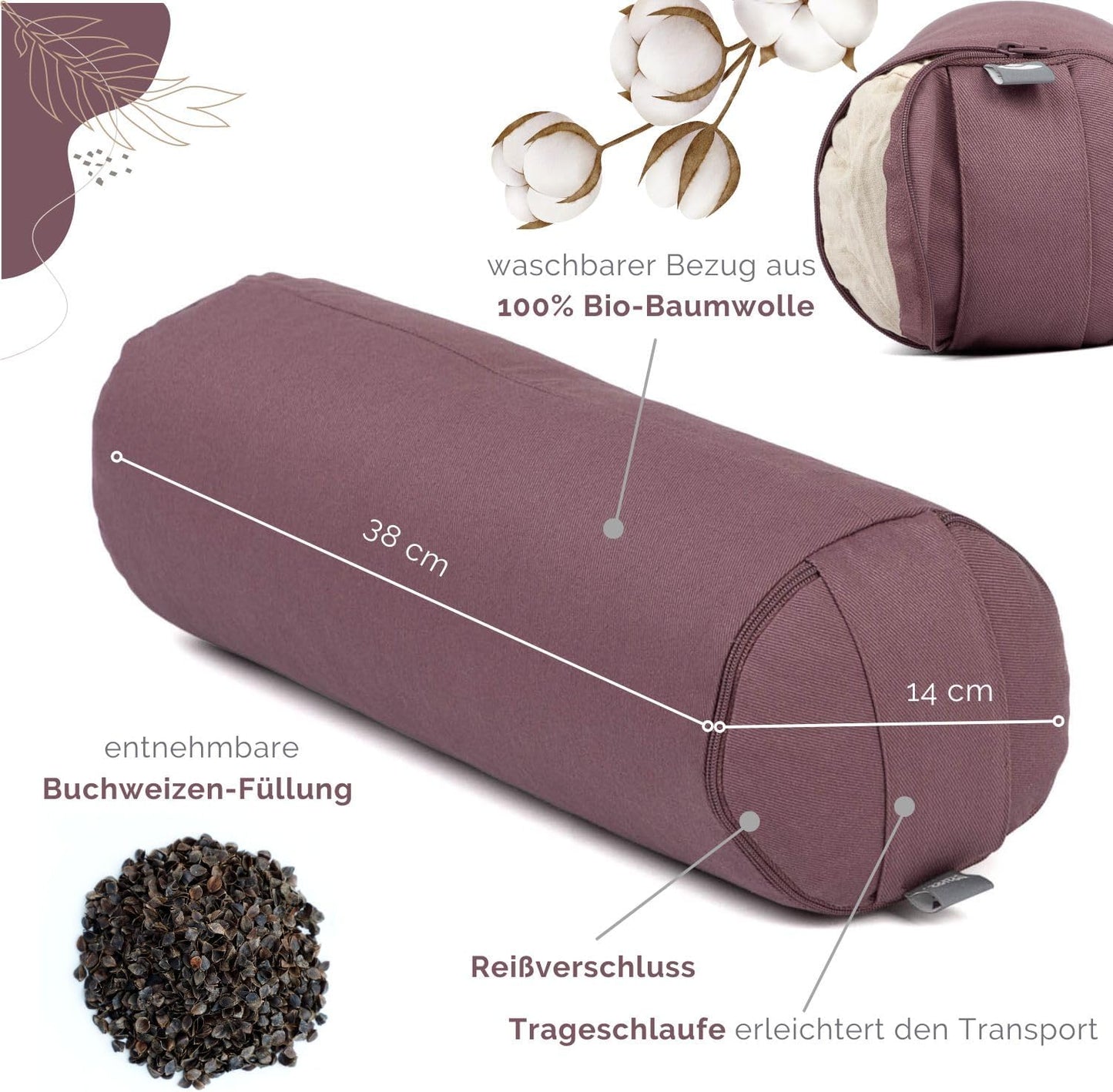 Mini Yogabolster mit Buchweizenfüllung und abnehmbarem Bezug, Dusty Purple
