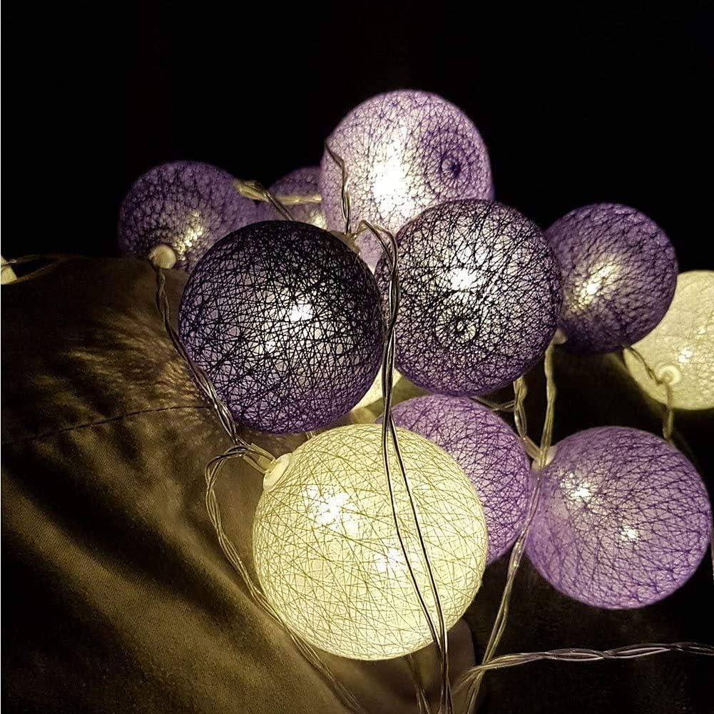 LED-Lichterkette mit 20 Baumwollkugeln, Lila Batterie