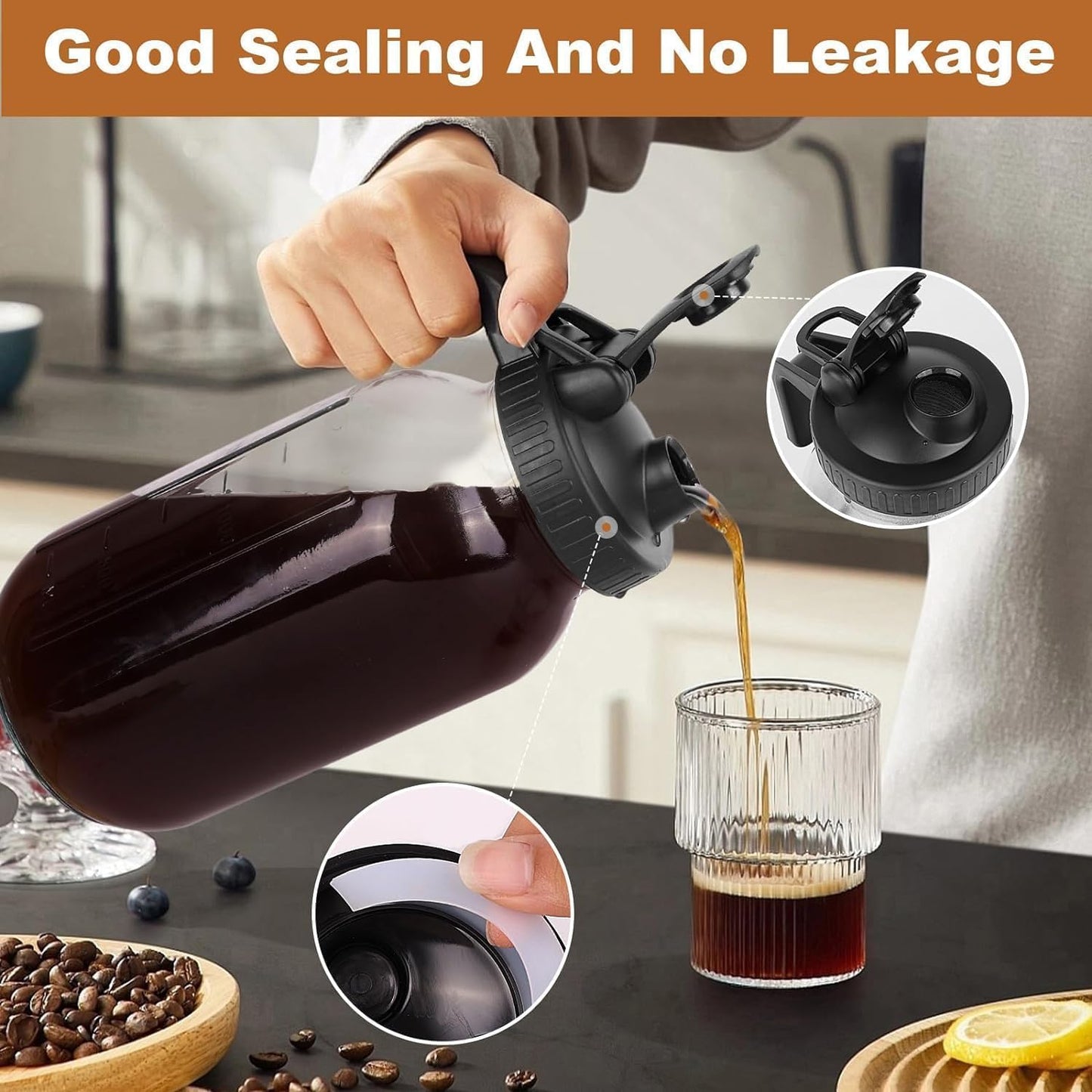 Cold Brew Kaffeebereiter mit Edelstahlfilter, 64oz Schwarz