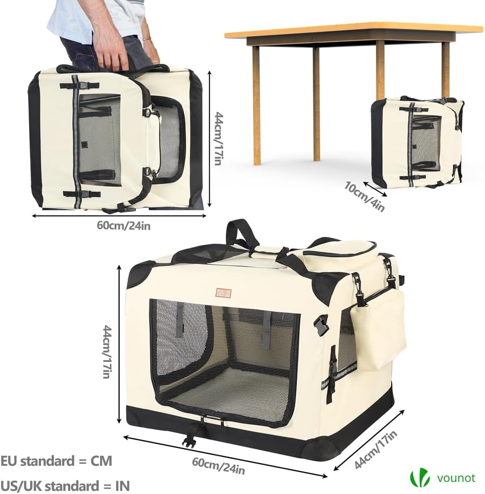 Faltbare Hundetransportbox mit Metallrahmen, L 60 x B 44 x H 44 cm Beige