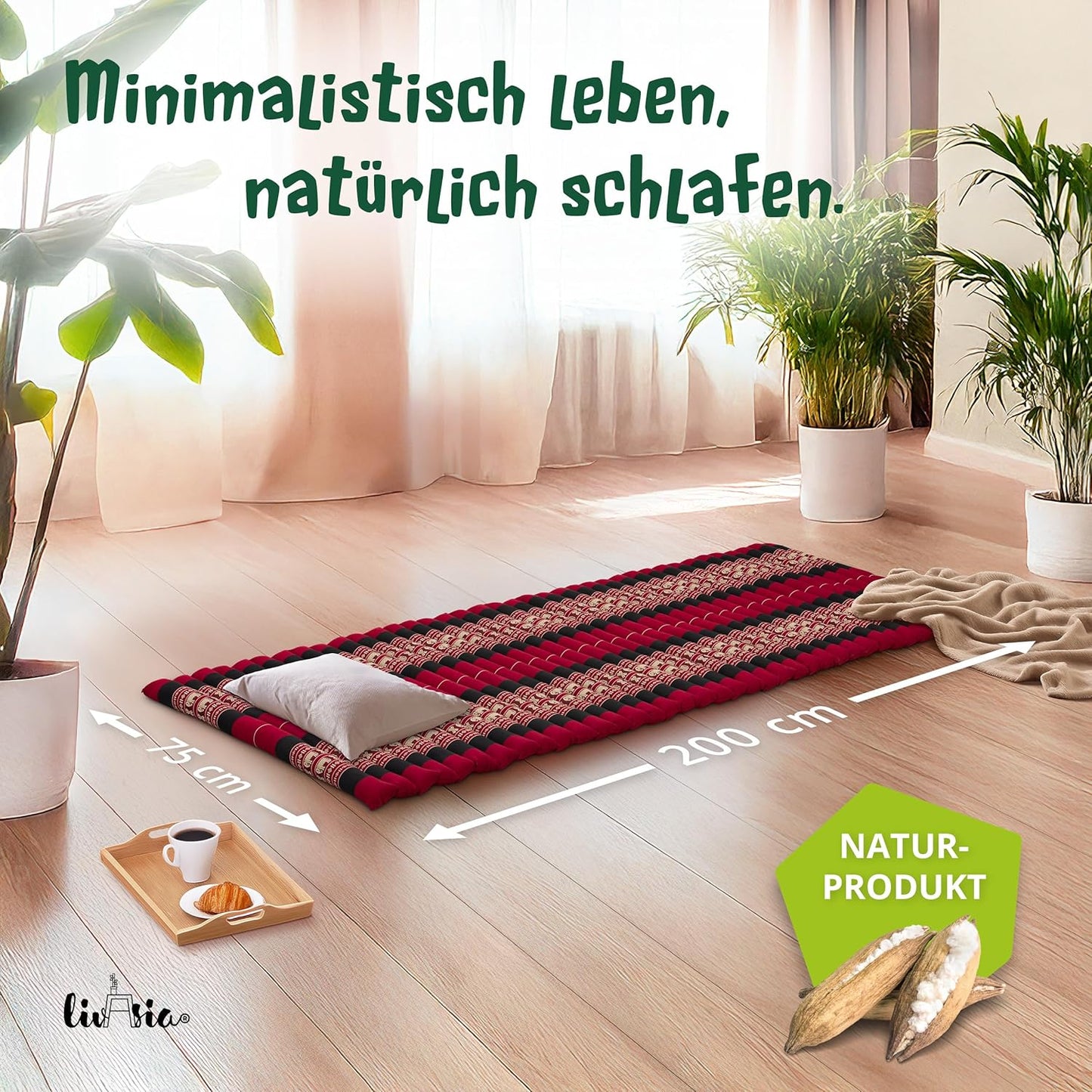 Rollmatte Gästematratze für 1 Person (200x75x4,5cm), M (200 x 75 cm) Rot/Elefanten