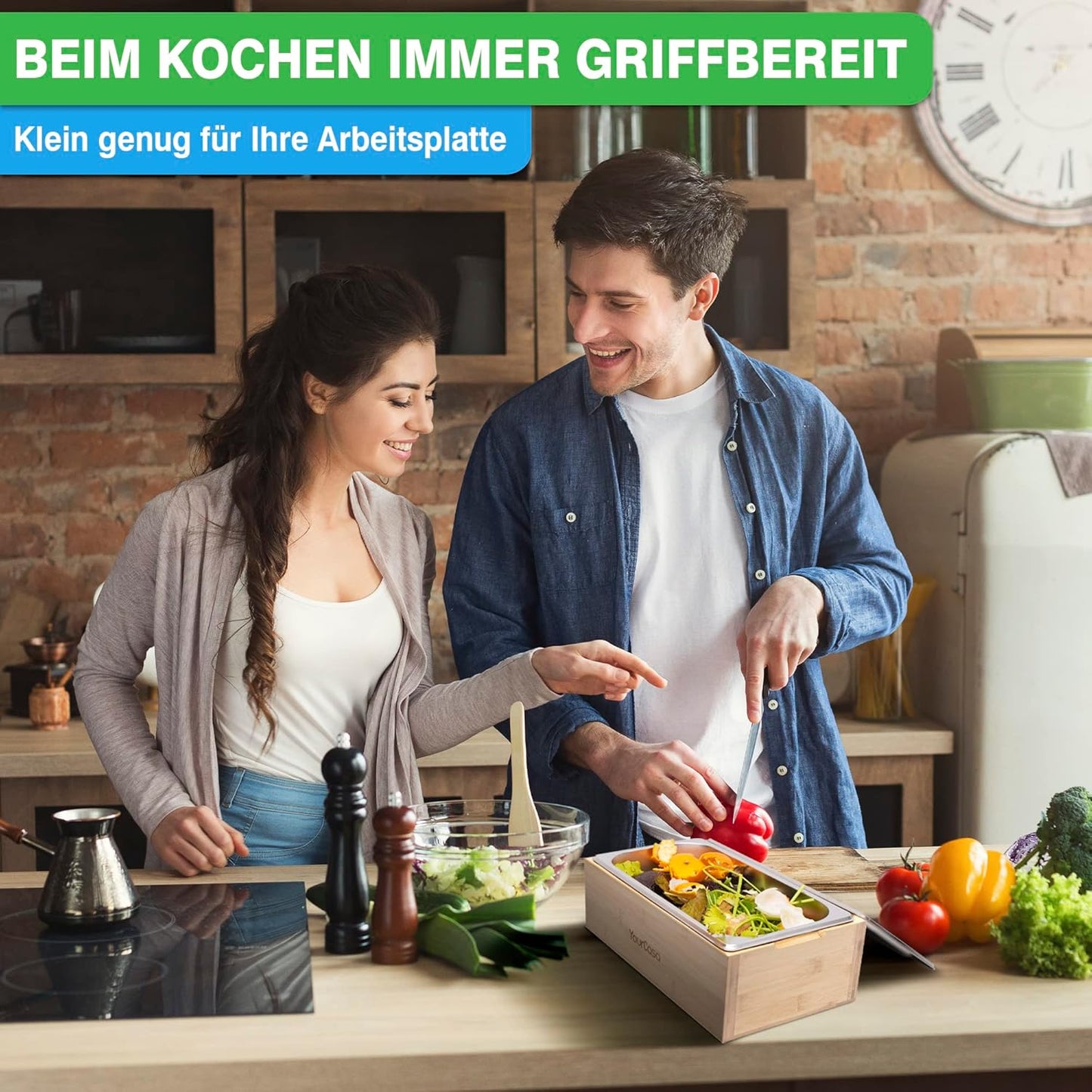 Spülmaschinenfester Biomülleimer, geruchsdicht, Bambus Holz