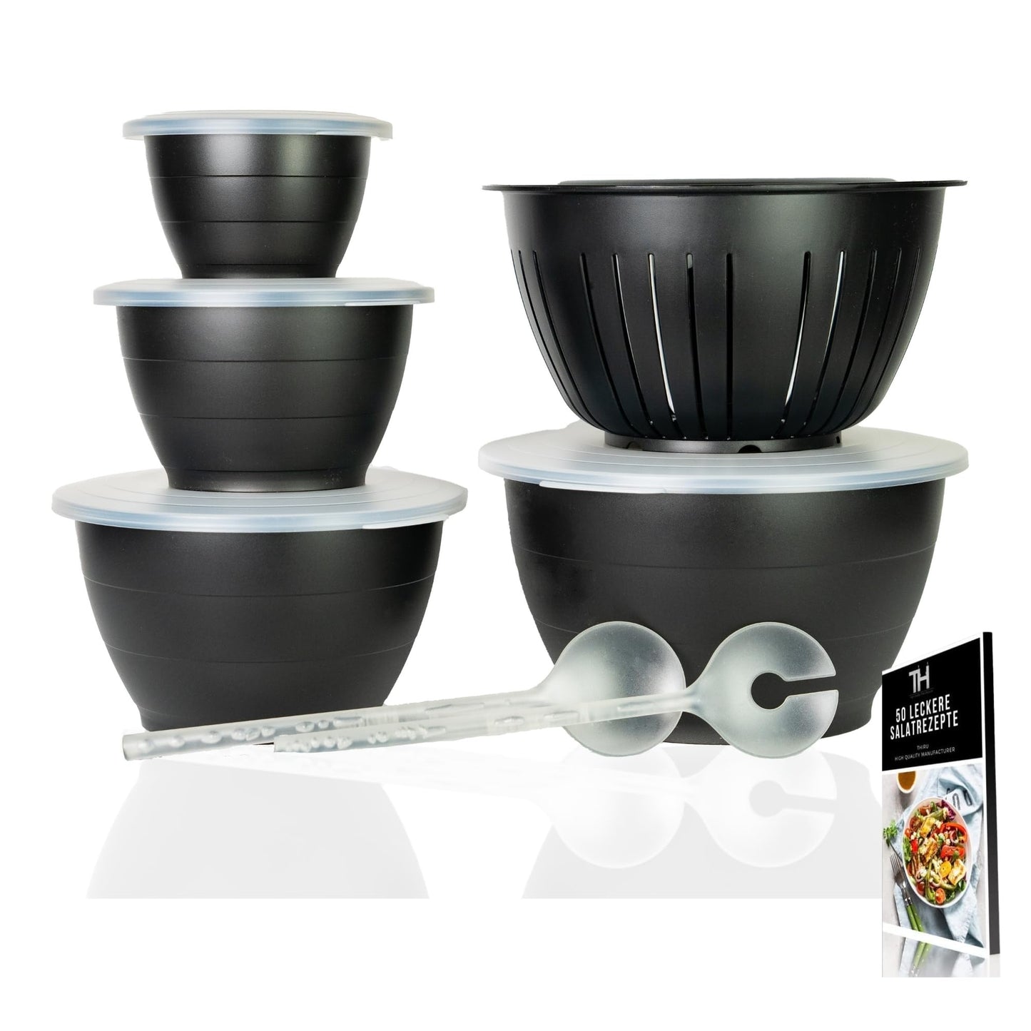 Salatschüssel-Set mit Deckeln (6-teilig), Salat- & Rührschüssel Schwarz 6-teilig mit Deckel
