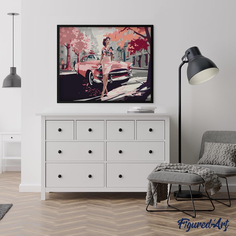 Malen nach Zahlen Set mit Keilrahmen, Dame mit Rosa Oldtimer 40x50cm Mit Keilrahmen (nicht gespannt)
