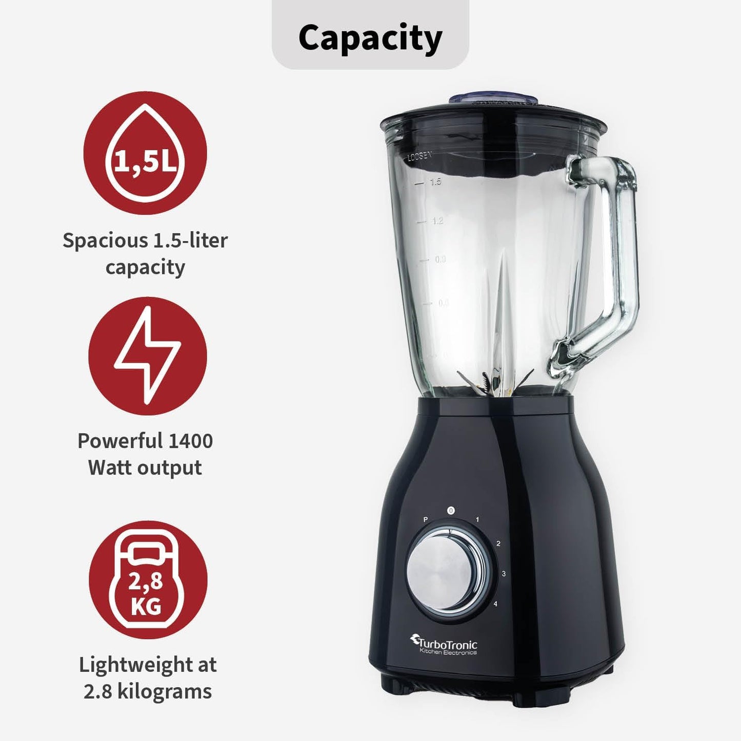 Standmixer 1400W mit Glasbehälter und 6 Klingen, Schwarz