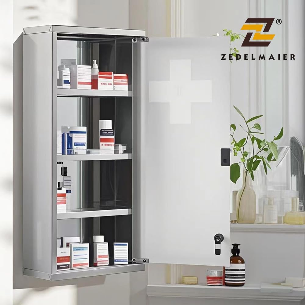 Medizinschrank, abschliessbar, 4 Fächer, Silber - 4 Fächer