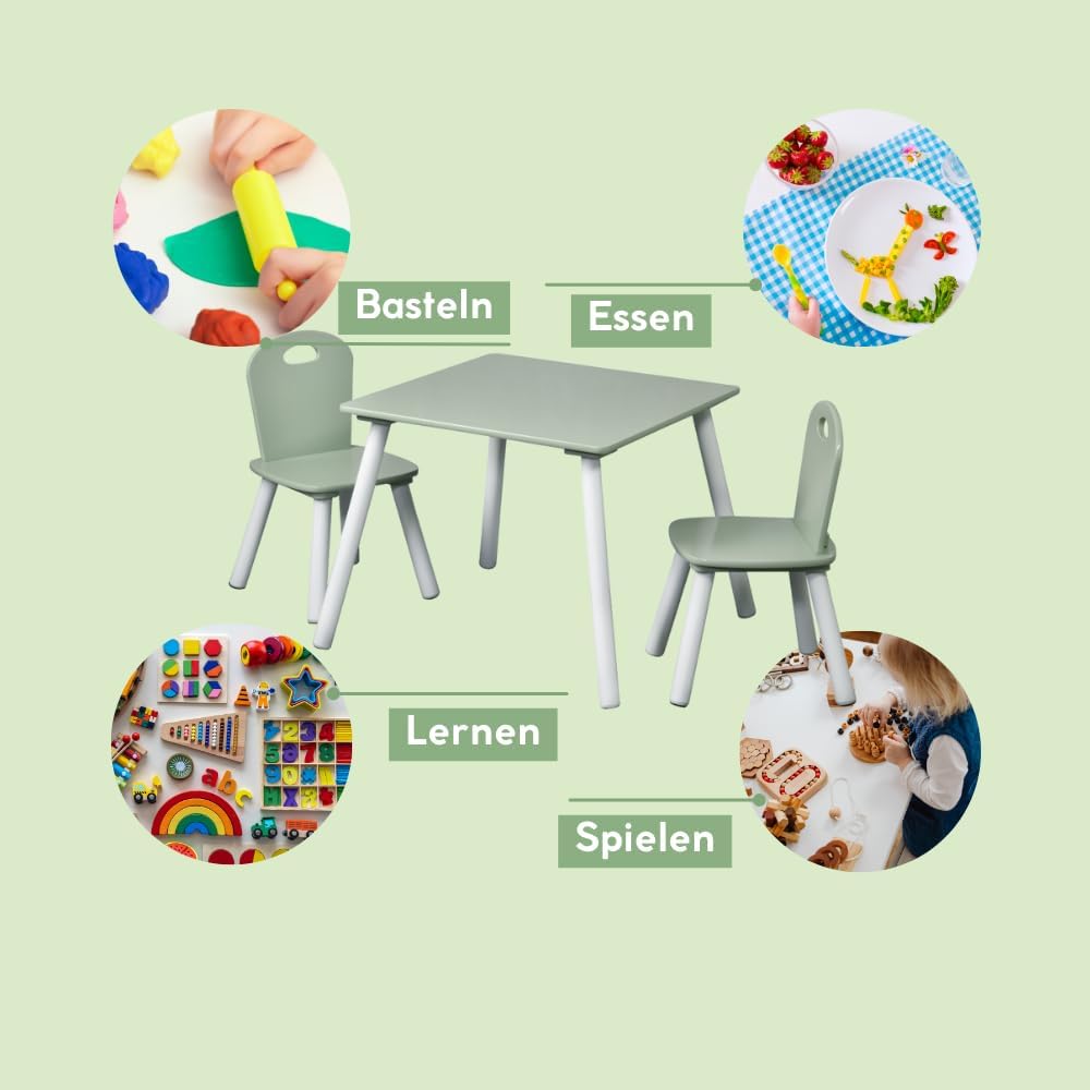 Kindertisch mit 2 Stühlen, Weiss, Grün