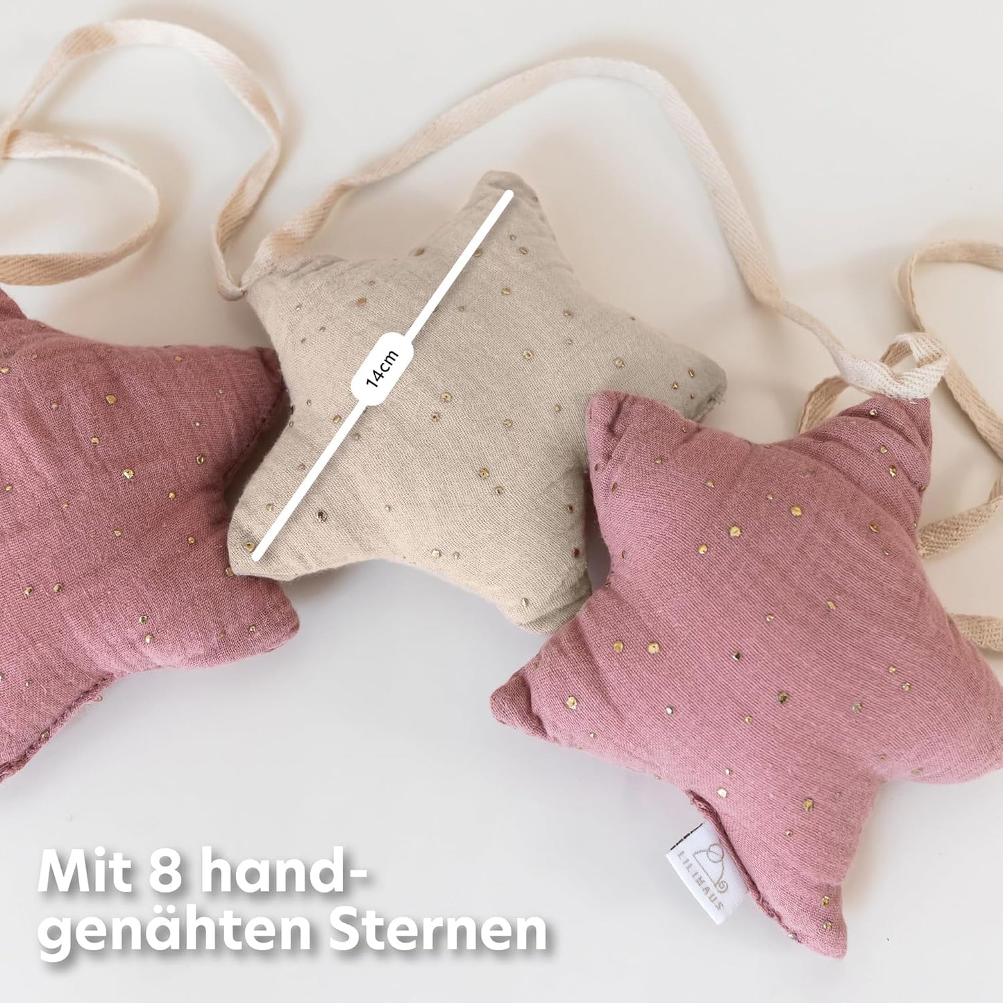 Sternen-Wimpelkette, Altrosa & Hellbeige Sterne mit Goldapplikation
