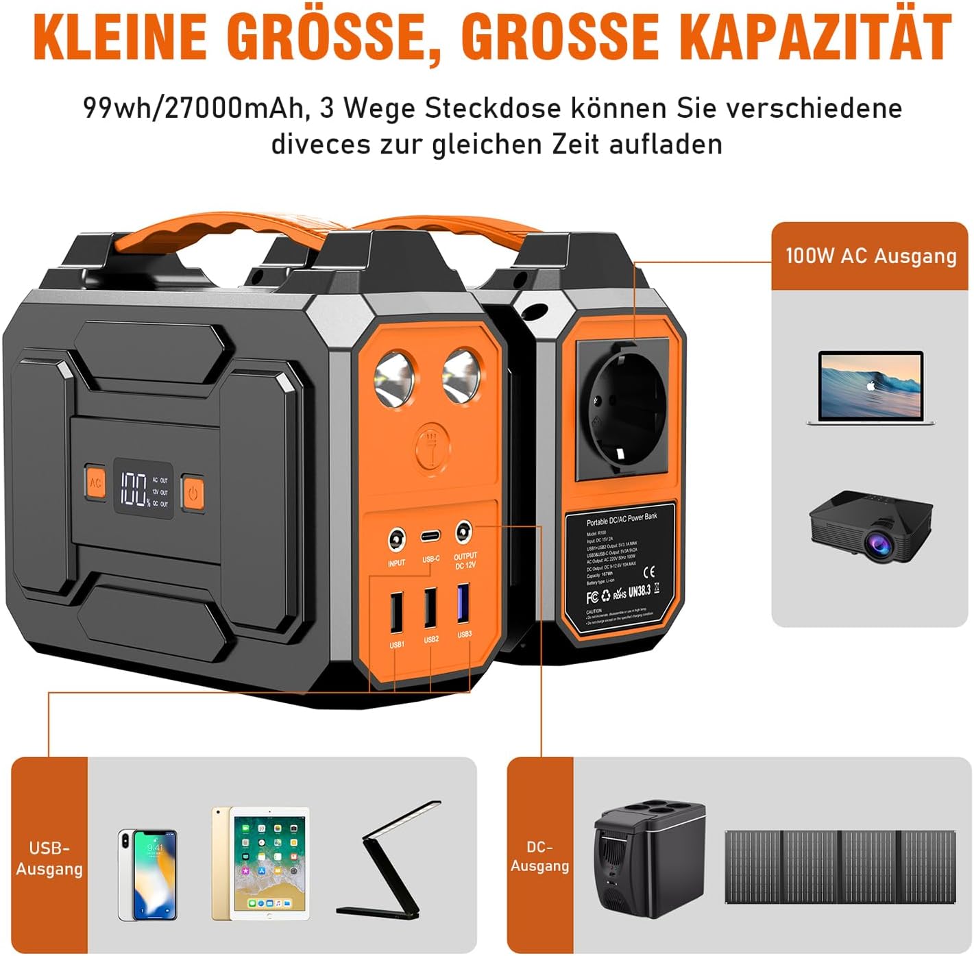 Tragbare Powerstation mit Solarpanel, Orange