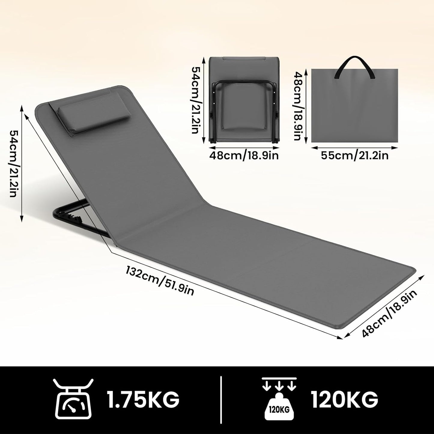 Strandmatte mit verstellbarer Rückenlehne, 1 Dunkelgrau