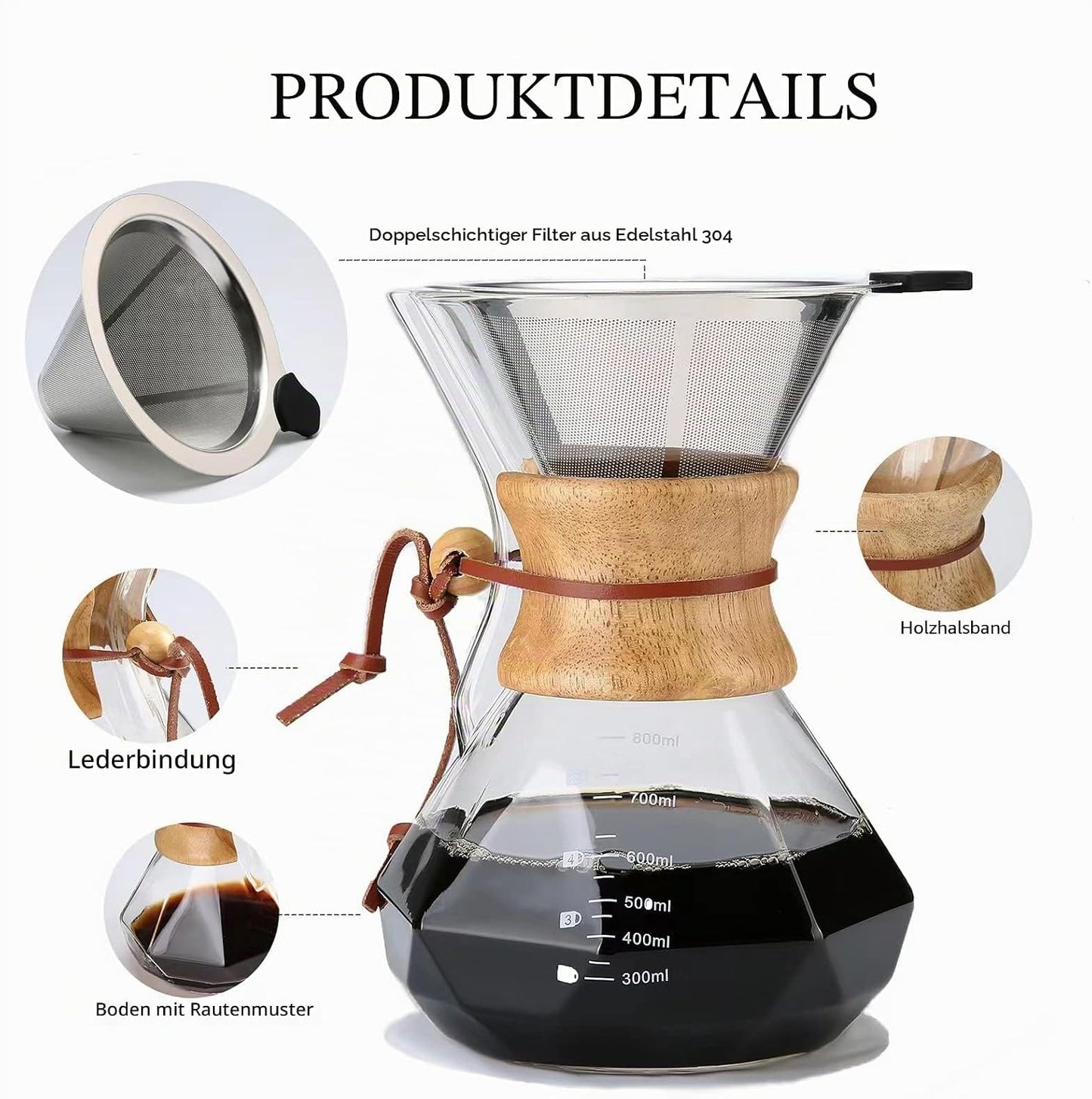 Pour Over Kaffeebereiter mit Edelstahlfilter, 800 ml, 800 ml(Steel Filter, Clear)