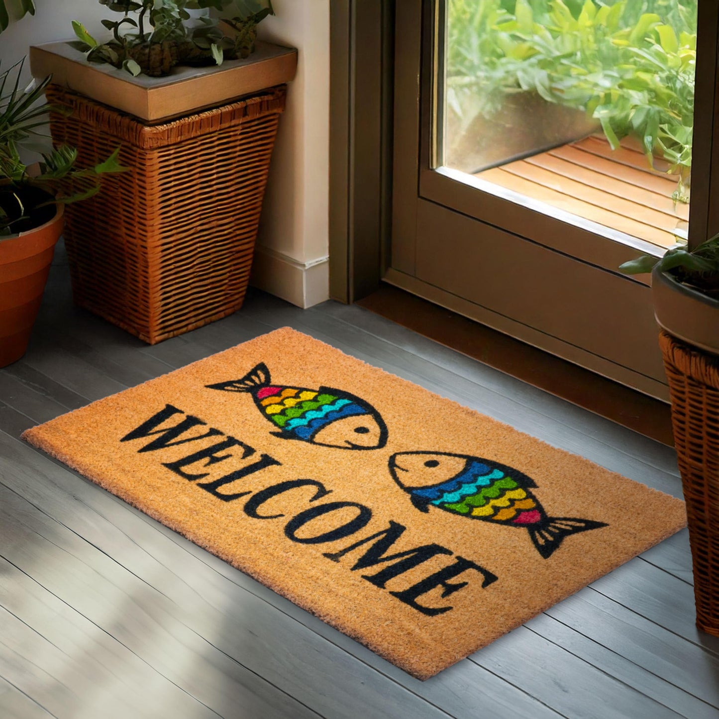 Antirutsch Fussmatte, Welcome - Regenbogen Fische