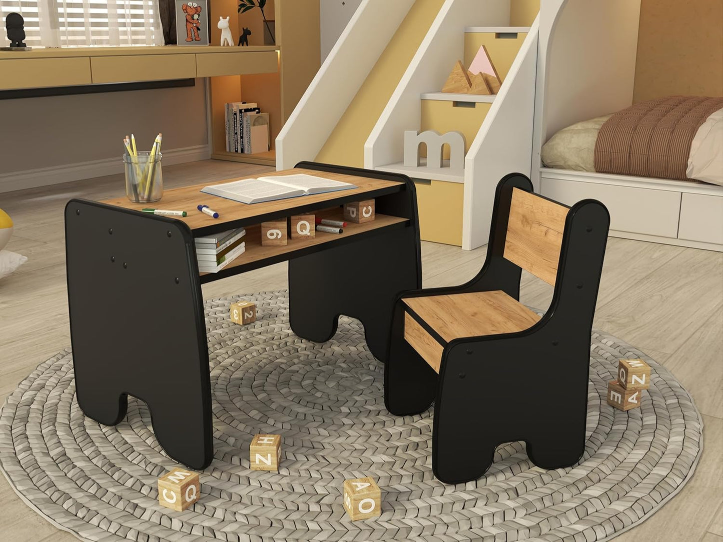 Kindertisch und Stuhl Set - Stabil & Langlebig, 1 Stuhl und Tisch Schwarz + Eiche