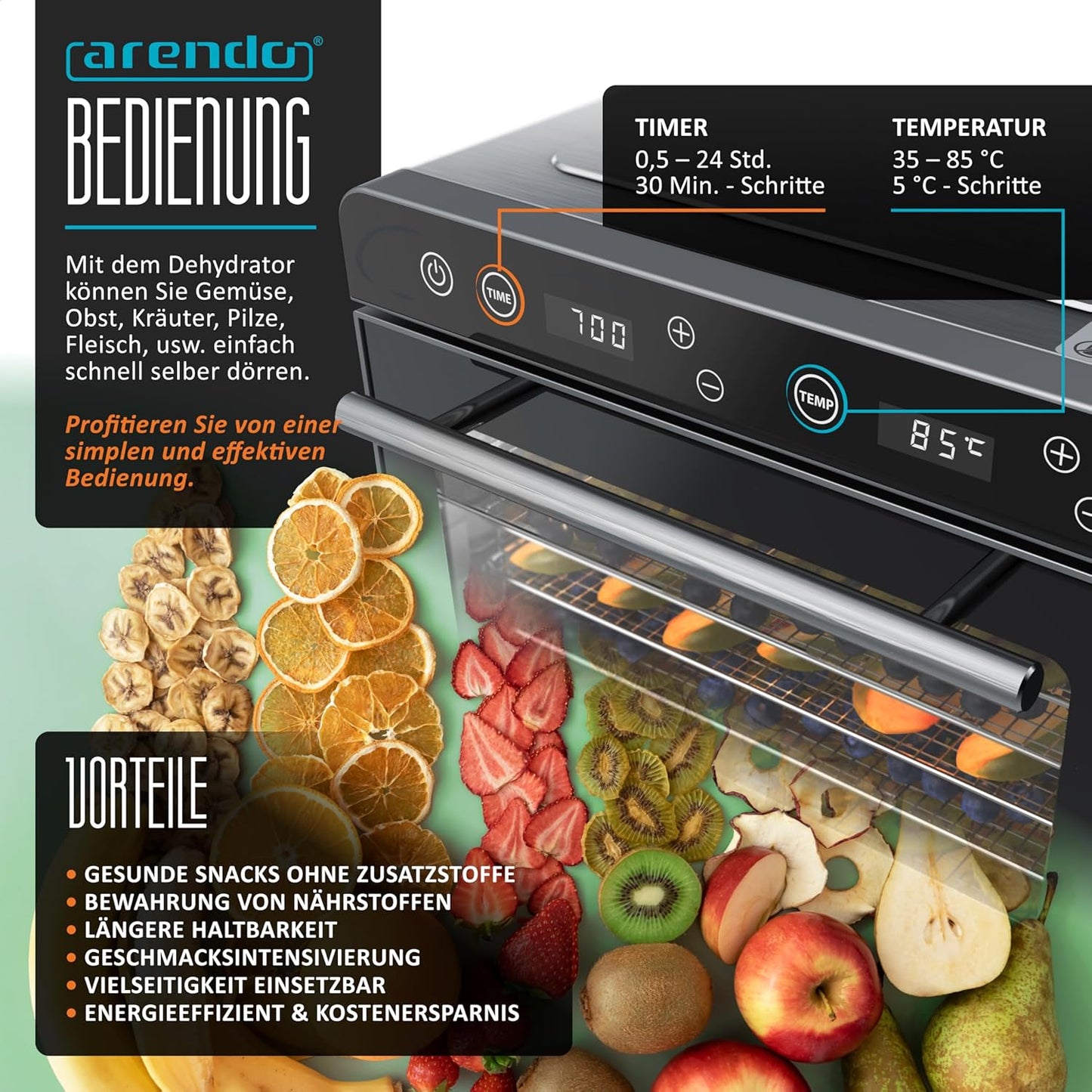 Dörrautomat mit 8 Edelstahlgittern (700 W, 35°-85°C)