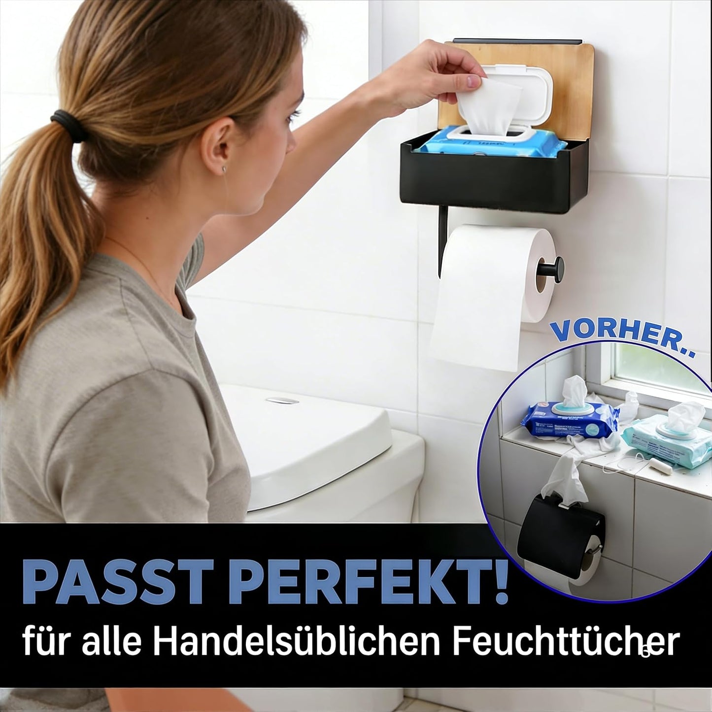 Toilettenpapierhalter mit Feuchttücherbox, Schwarz-bambus