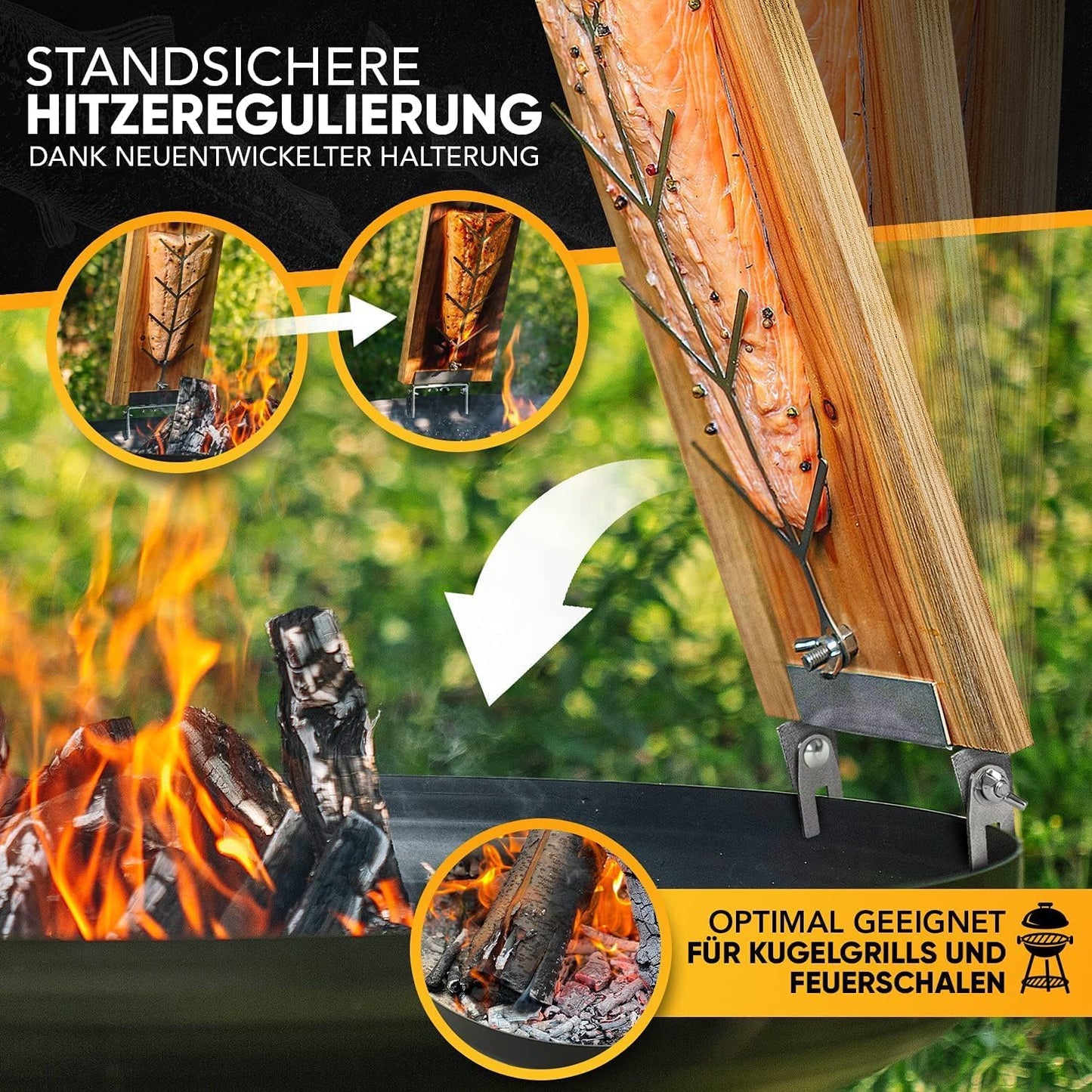 Flammlachsbrett mit Edelstahl-Halterung