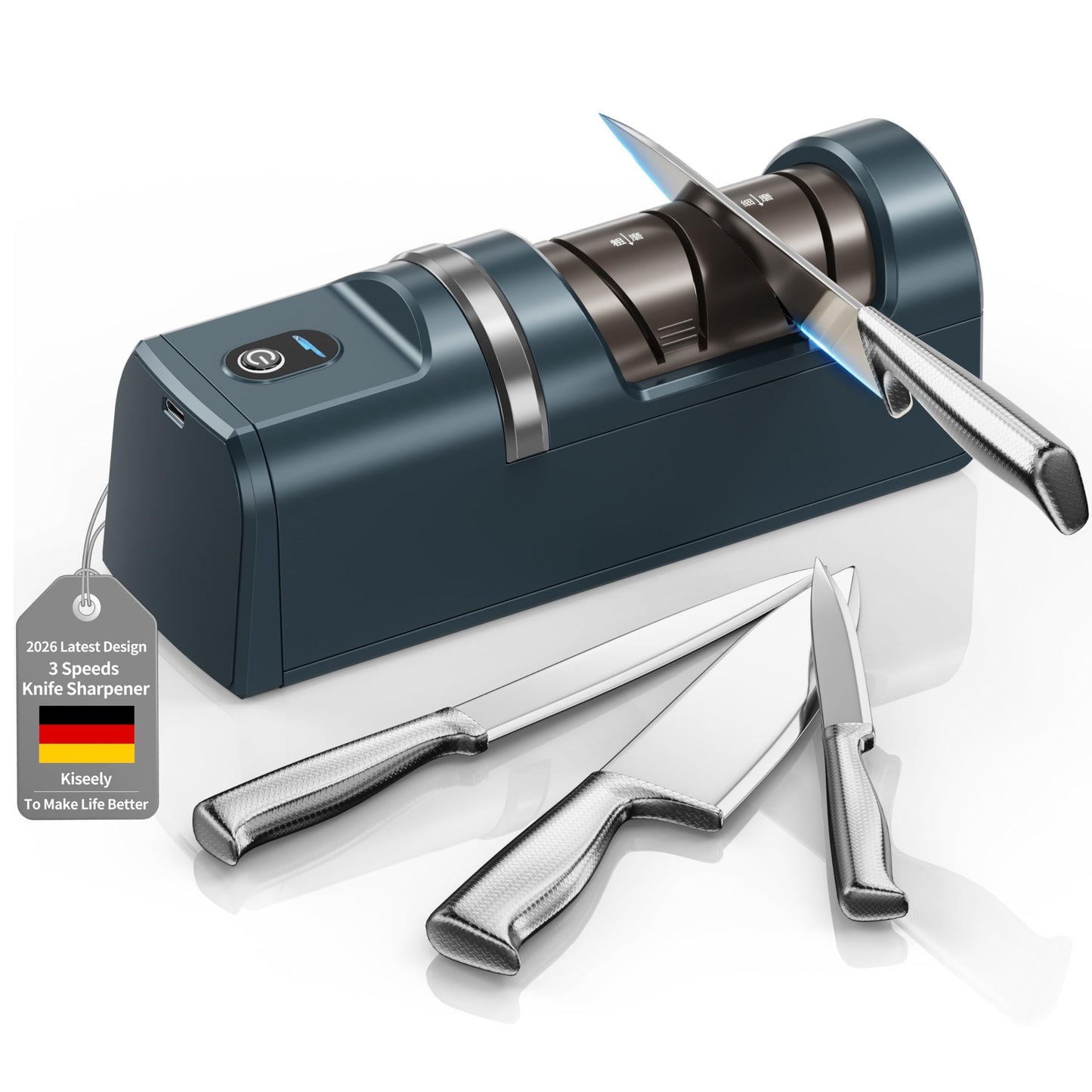 Elektrischer 5-in-1 Messerschärfer mit Diamantklingen, Grün