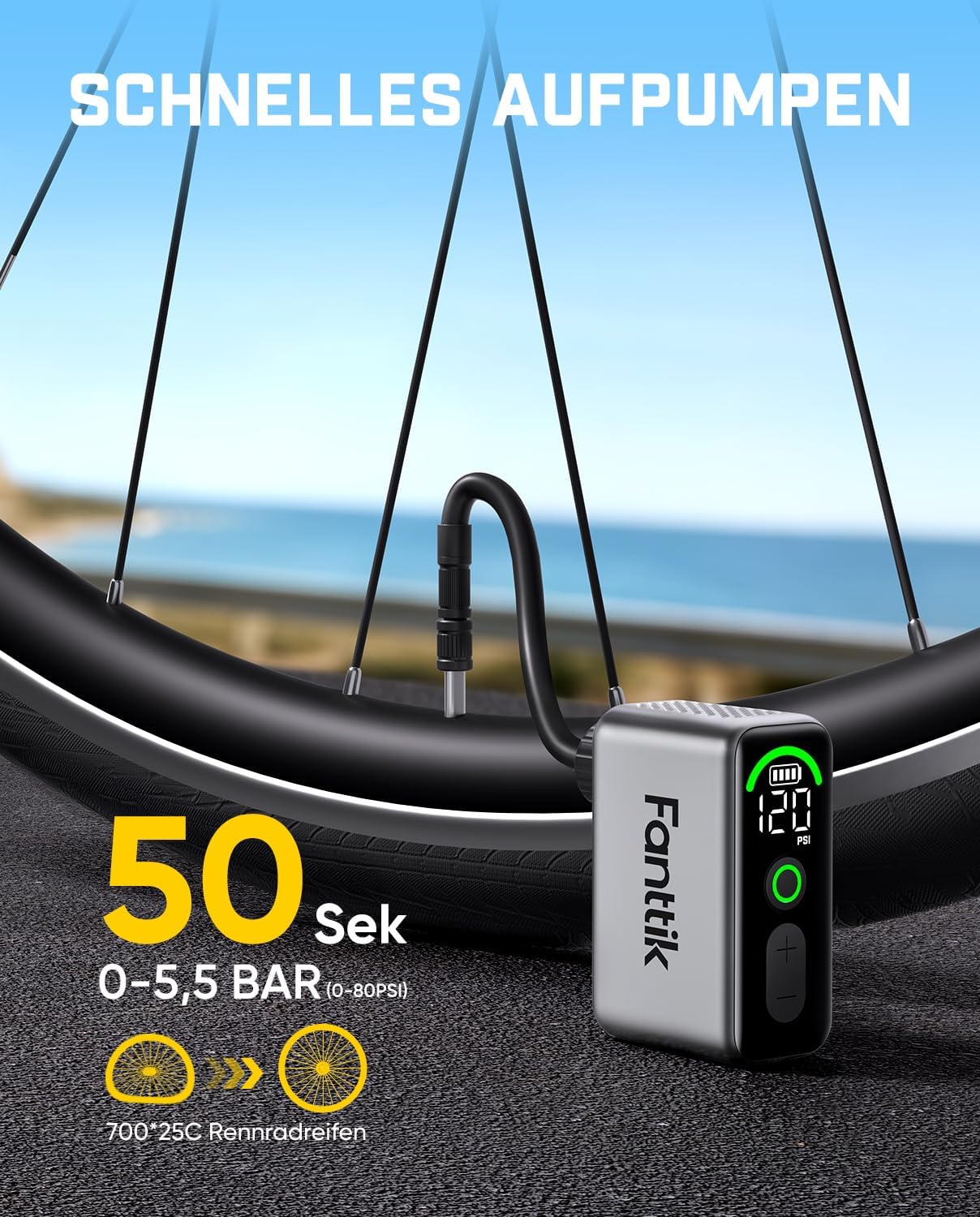 Elektrische Fahrradpumpe mit digitalem Manometer