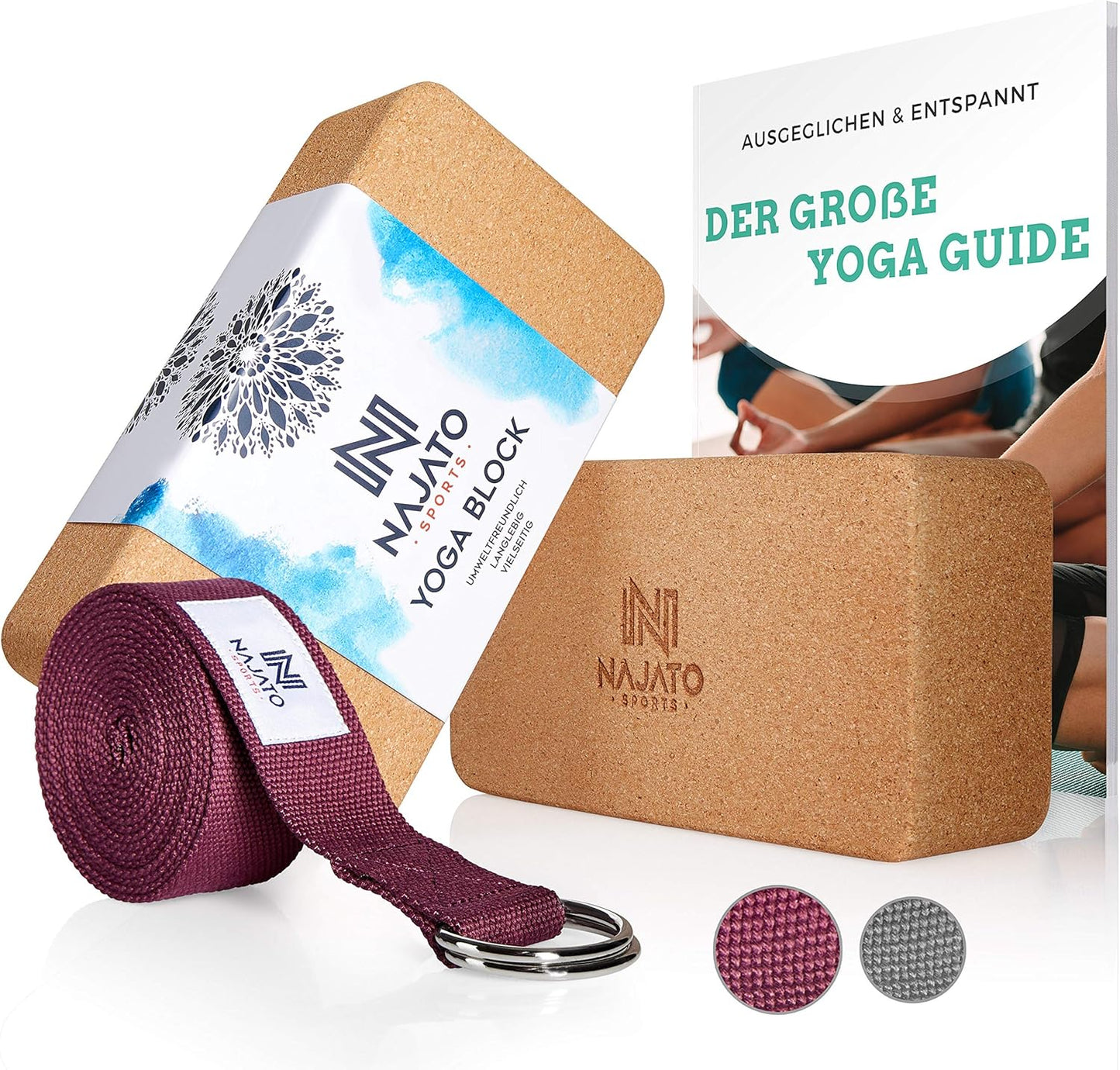 Yogablock mit Gurt, Yoga Block 2er Set + Yoga Gurt in Aubergine