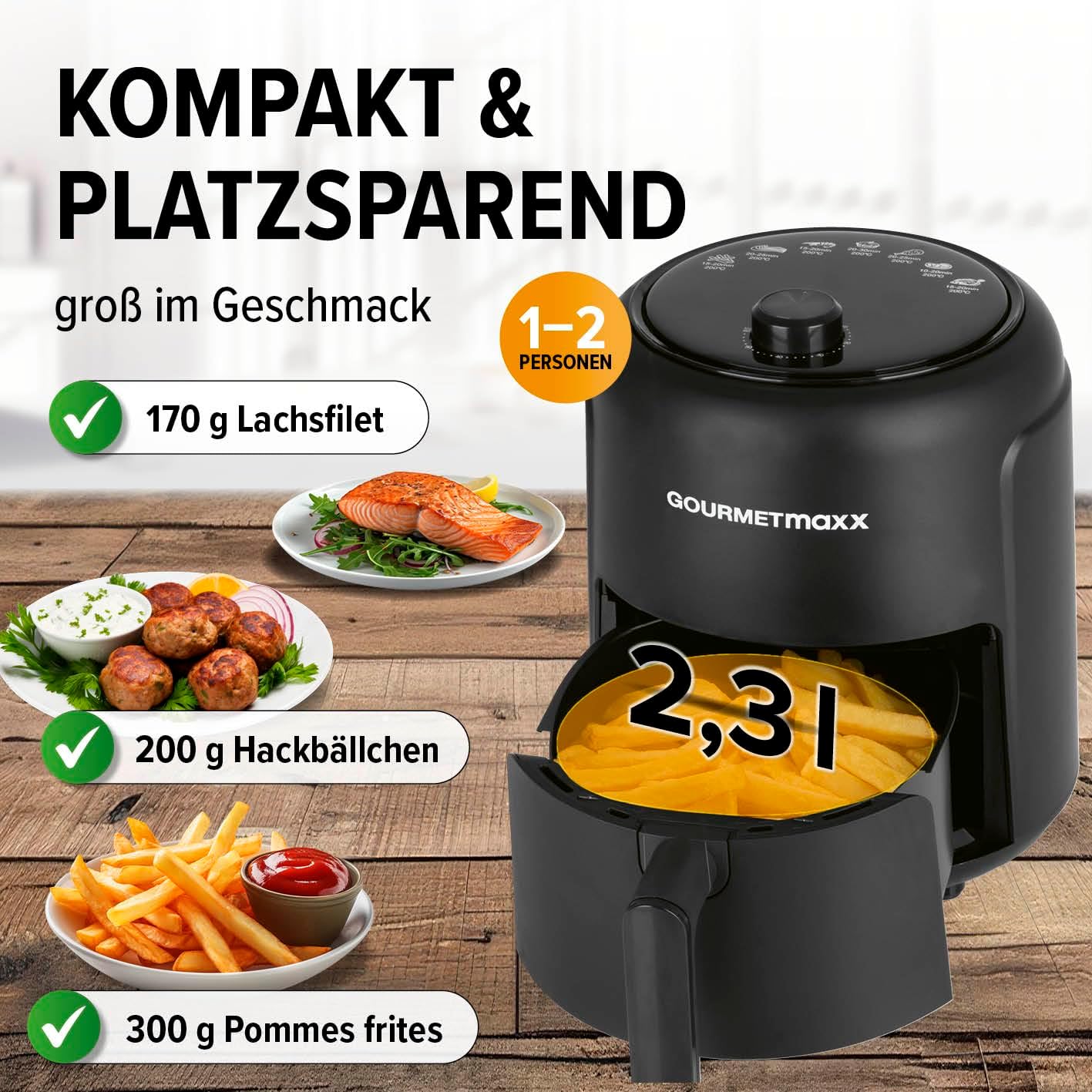 Heissluftfritteuse mit 9 Funktionen & Timer, 2,3 Liter