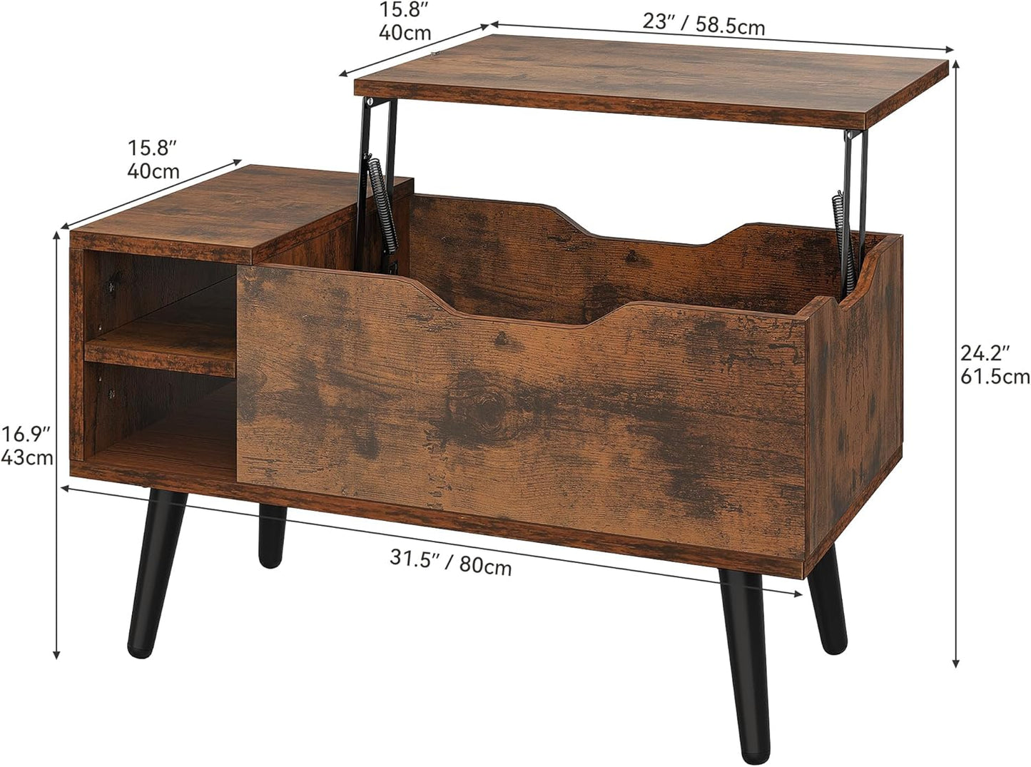 Couchtisch mit anhebbarer Platte und Stauraum, Vintage-braun
