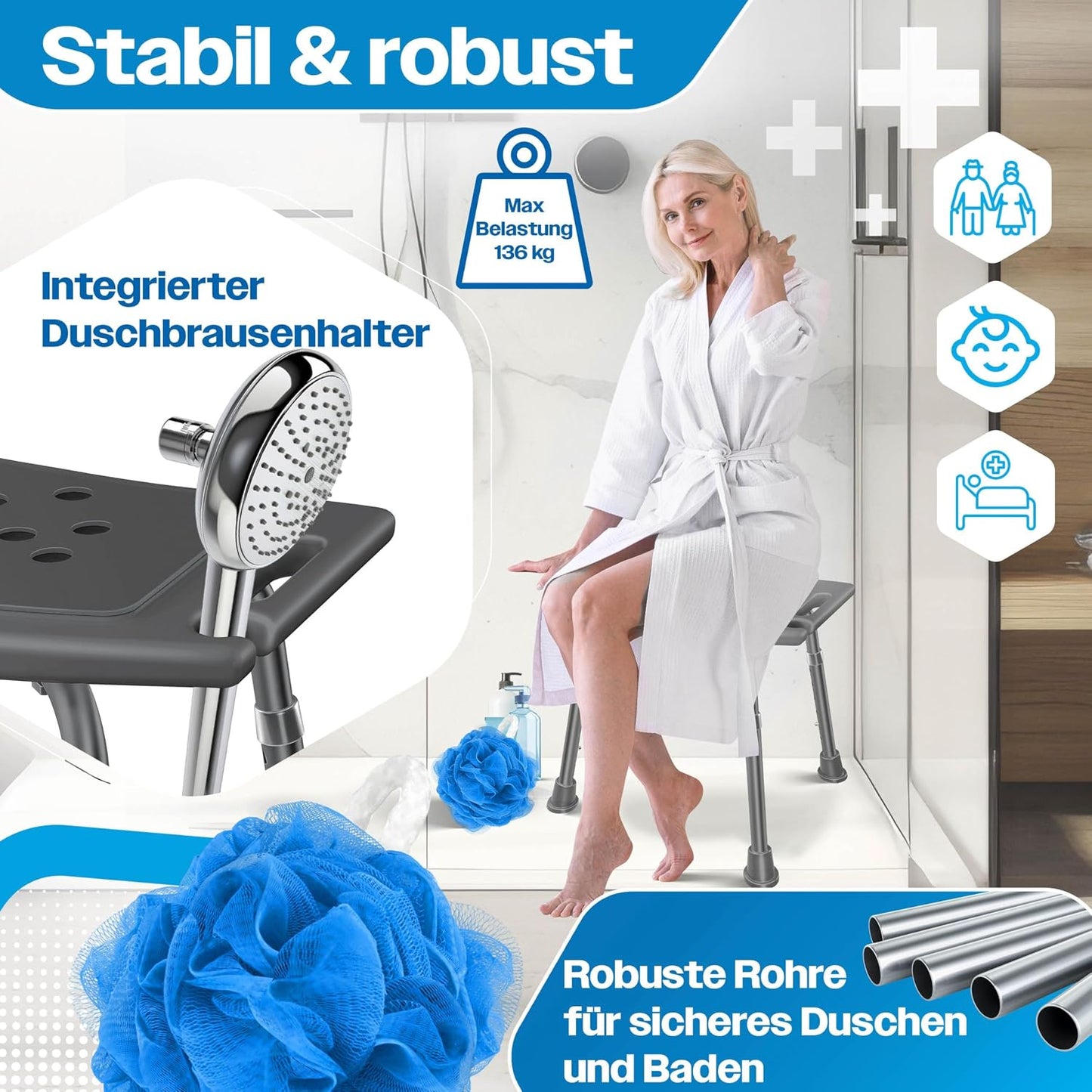 Duschhocker höhenverstellbar mit Haltegriff, Eckig Anthrazit