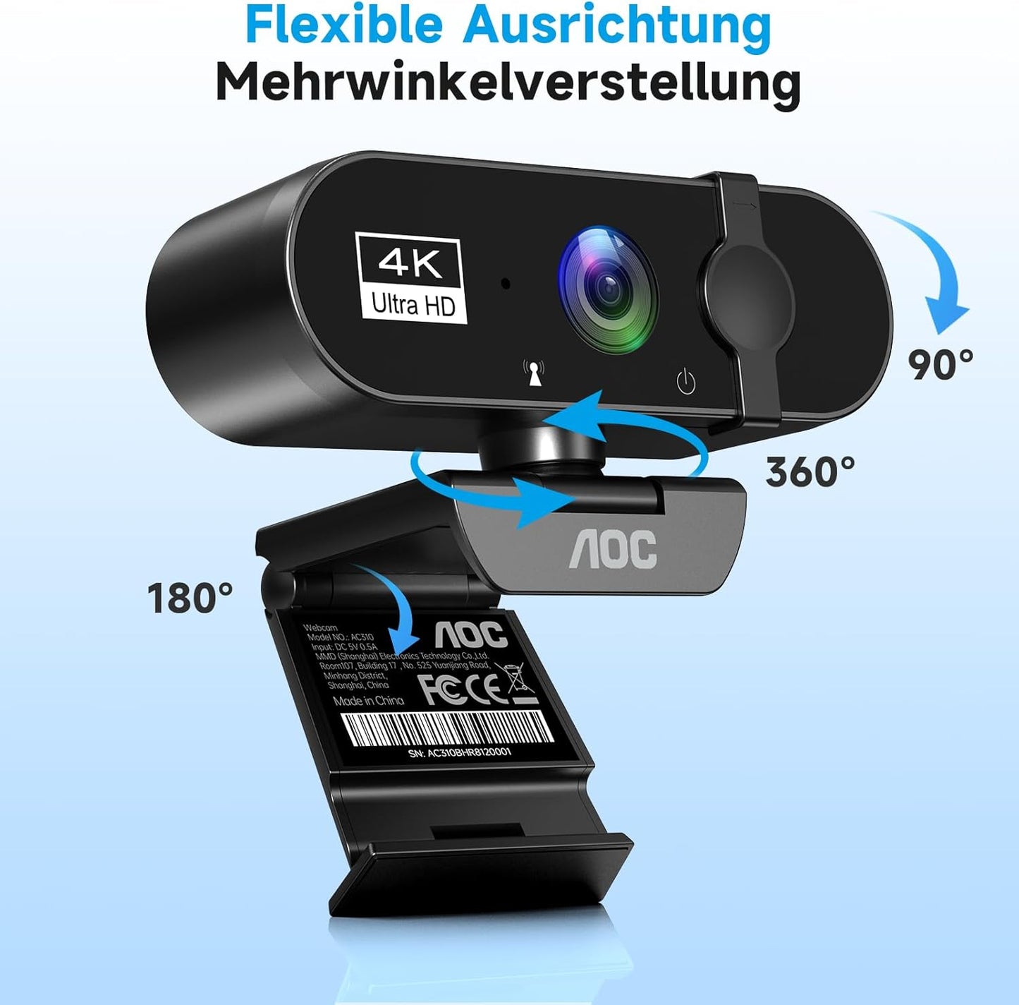 AC310 Webcam 4K Ultra HD mit Autofokus & Mikrofon, Schwarz