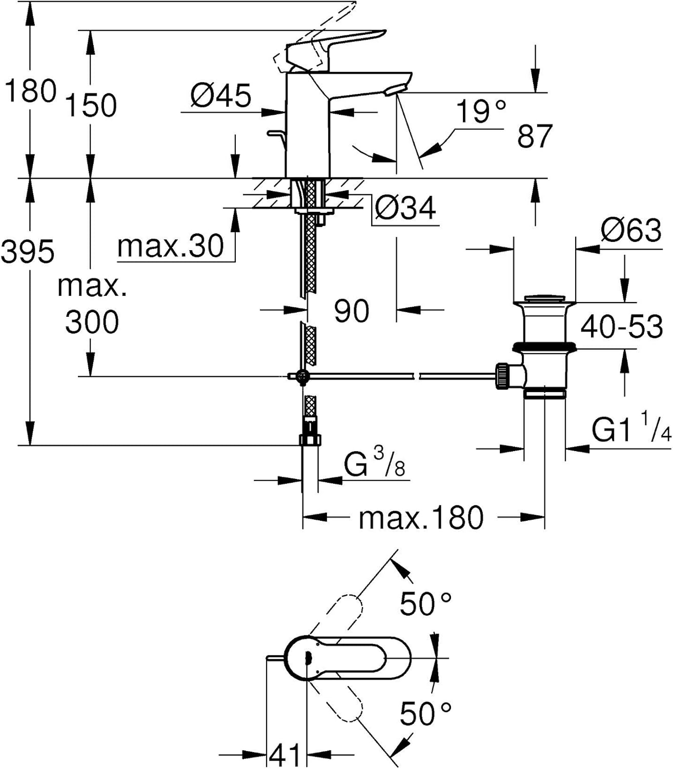 Einhand-Waschtischbatterie BauEdge 1/2", Bauedge S-Size Mit Zugstange