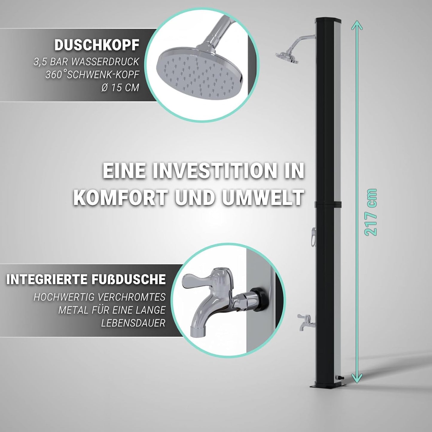 Solardusche 35L für Garten und Camping, Ohne 35L Eckig Schwarz-Silber