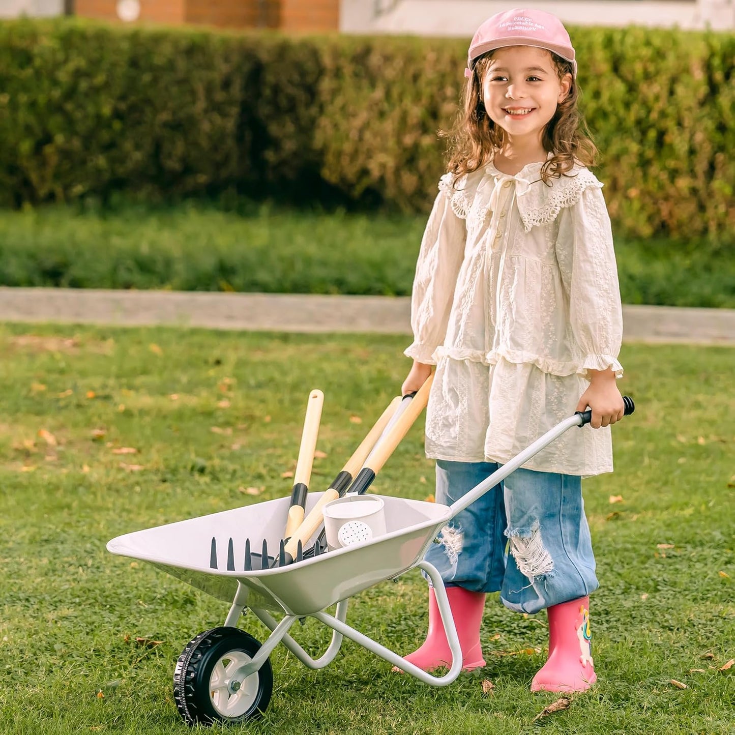 Kinder-Gartenset mit Metallschubkarre, Grau